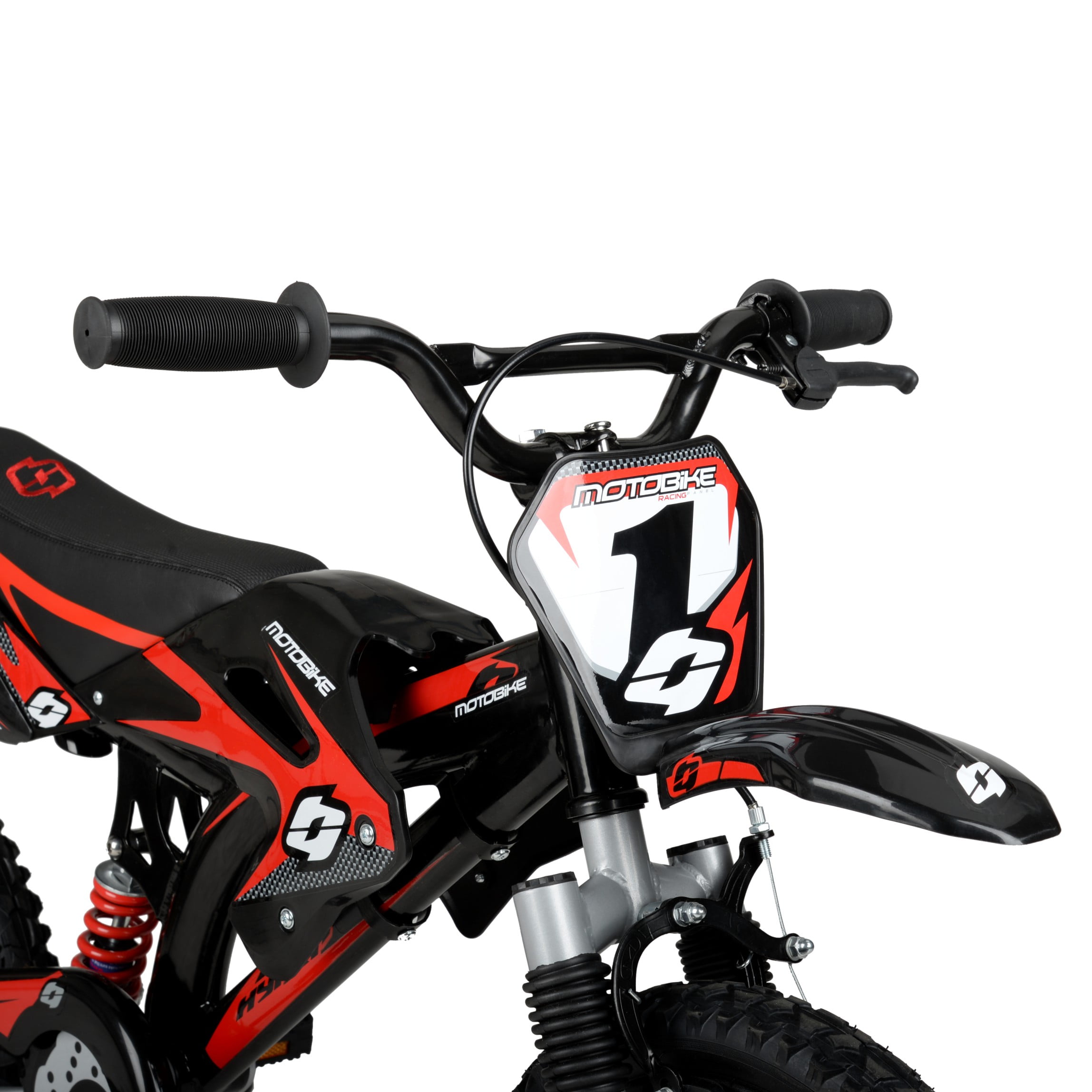Hyper Bicycles 16 in Moto Bike for Kids, Durable Steel Frame with Training Wheels (Black/Red, 16 in) q75c1
