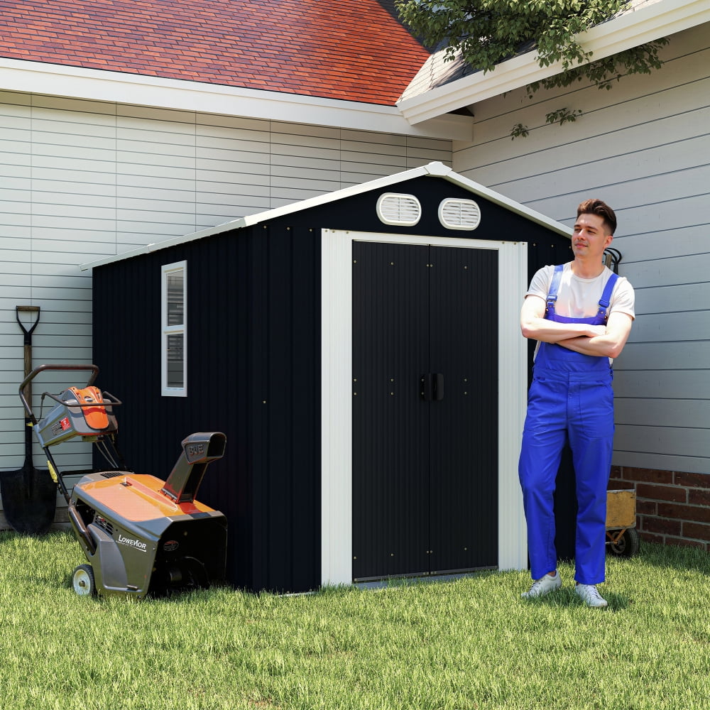 Generic Metal Storage Shed Outdoor Garden Tool House with Lockable Doors and Air Vents (Grey, 8x6 ft) nbo5r