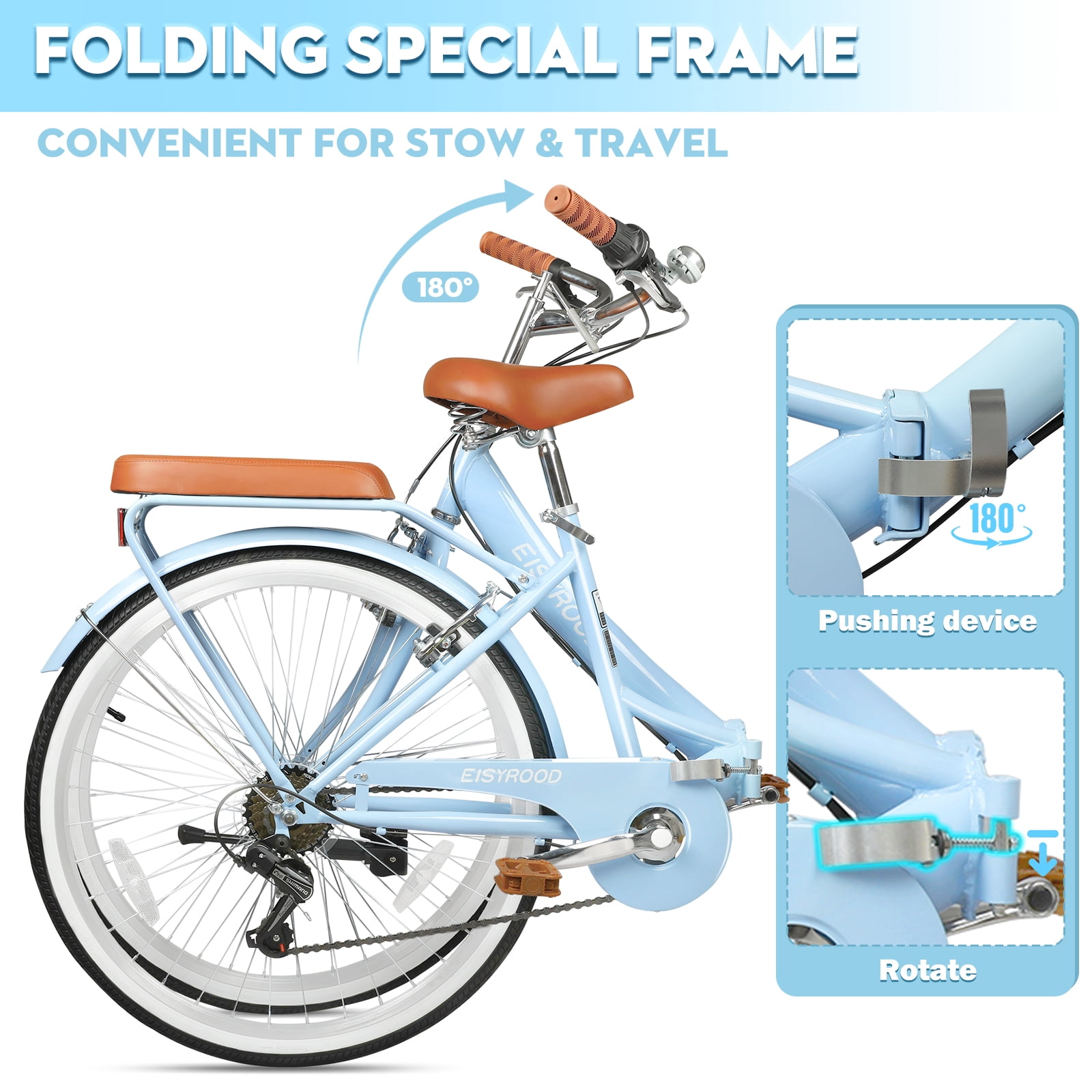 STICCIO 26 inch Folding Beach Cruiser Bike, 7-Speed Shimano City Bicycle with Basket and Rack (Blue, 26 in) u4hfg