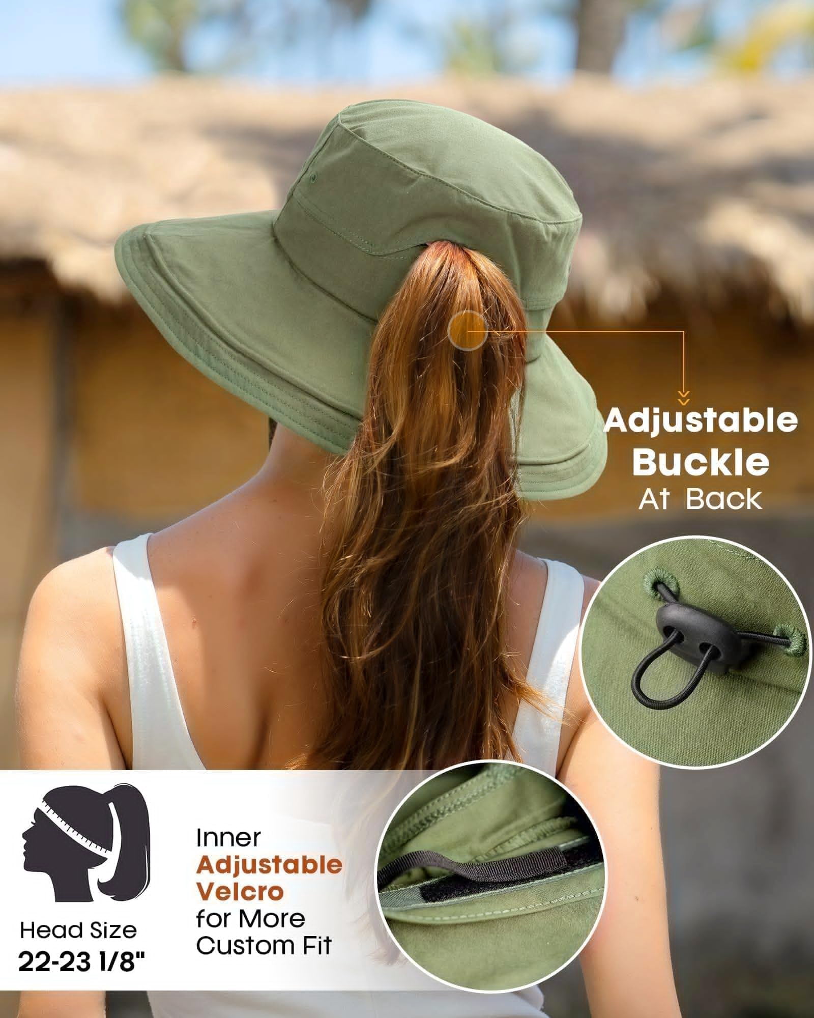 FURTALK Women Wide Brim Sun Hat Breathable Cotton Gardening Beach Hat with Ponytail Hole (Green, Medium-Large) xxmc8