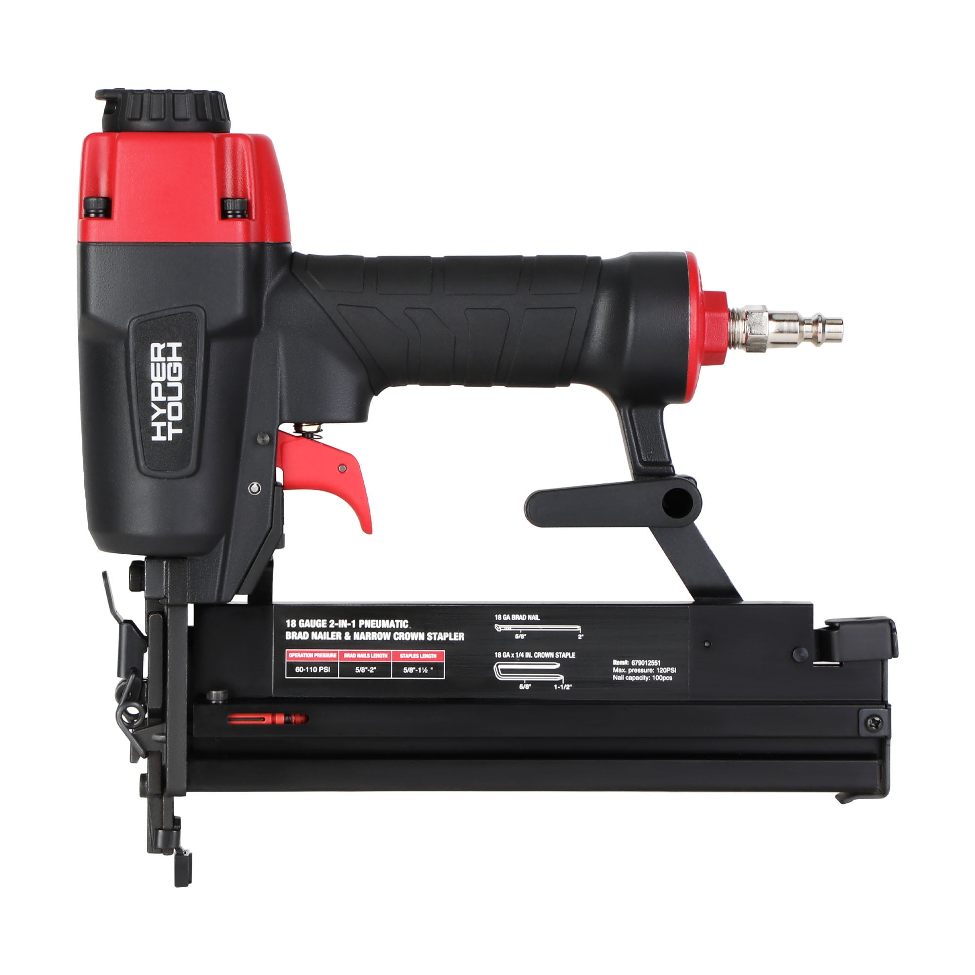 Hyper Tough 18 Gauge 2-in-1 Pneumatic Brad Nailer and Narrow Crown Stapler (Red, 2 in) pips8