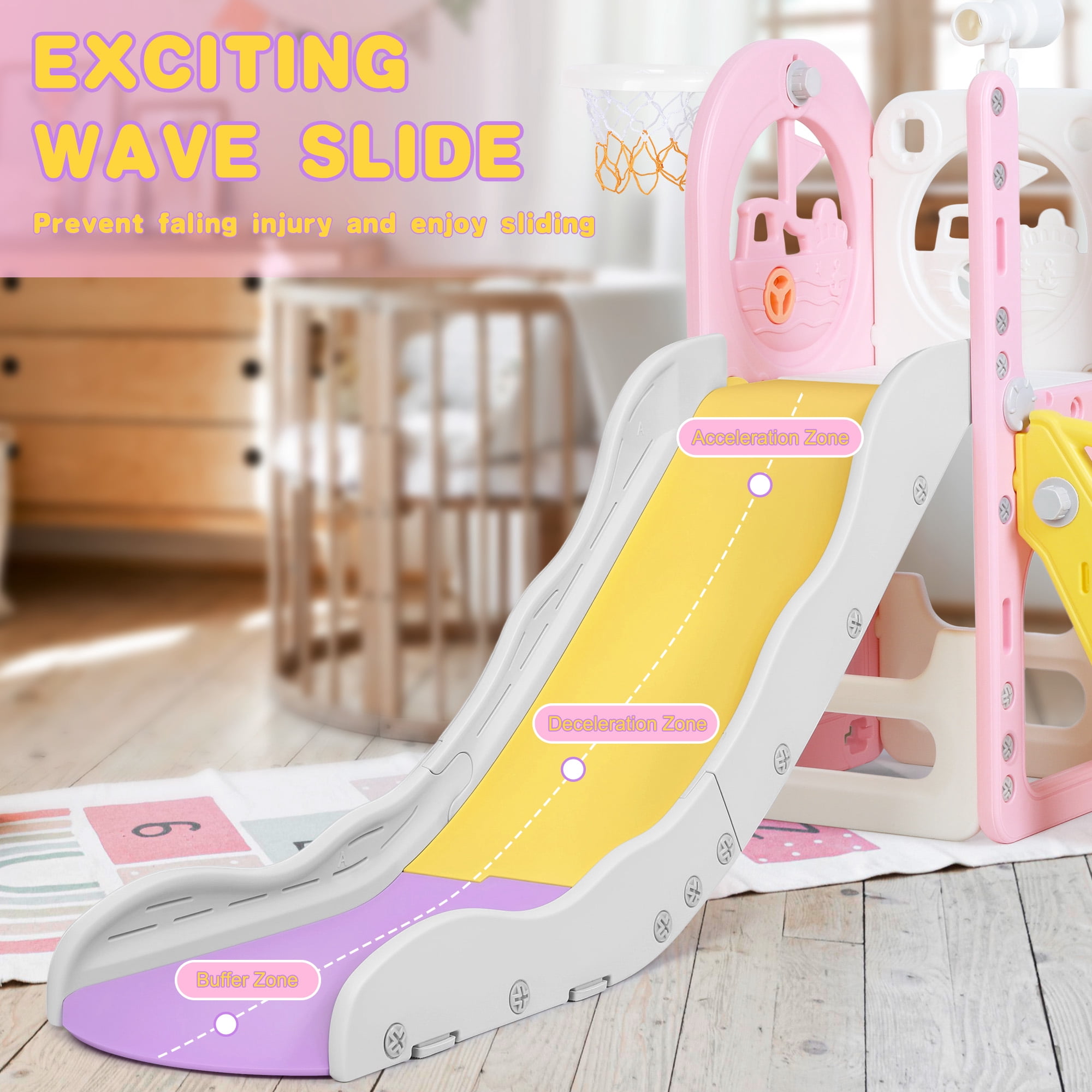 Zimeng 6-in-1 Toddler Slide and Climber Playset, Indoor Outdoor Activity Center with Basketball Hoop and Storage (Pink, 59 in x 27 in x 33 in) tmhu2