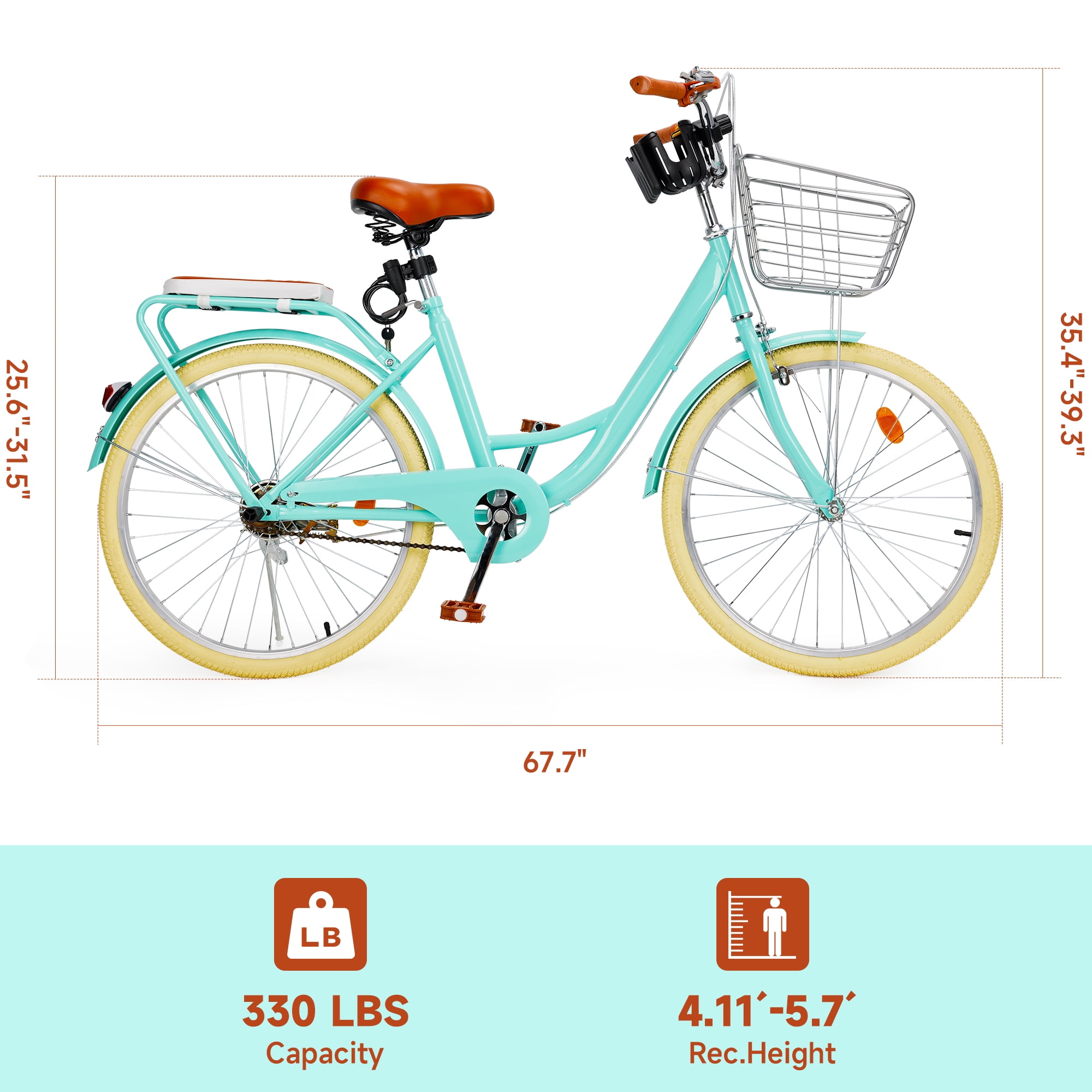 Bruce & Shark Commuter Bicycle for Adults, City Bike with Rear Rack and Basket (Green, 24 in) zn9bg