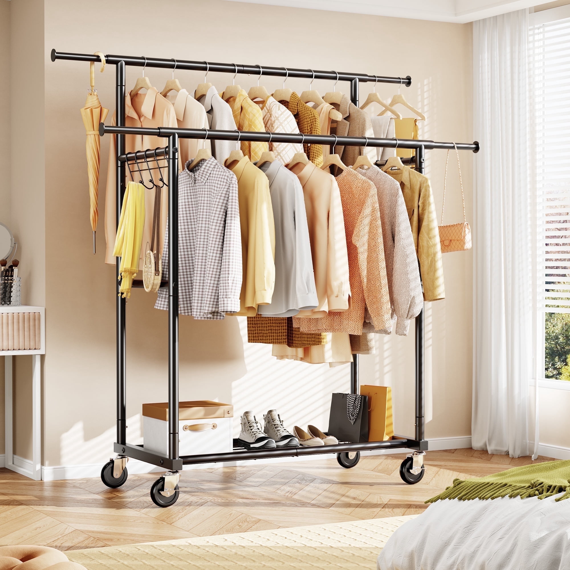 HOKEEPER Heavy Duty Double Rail Garment Rack with Shelves, Adjustable Rolling Clothes Organizer (Black, 450 lb Capacity) 00sgg