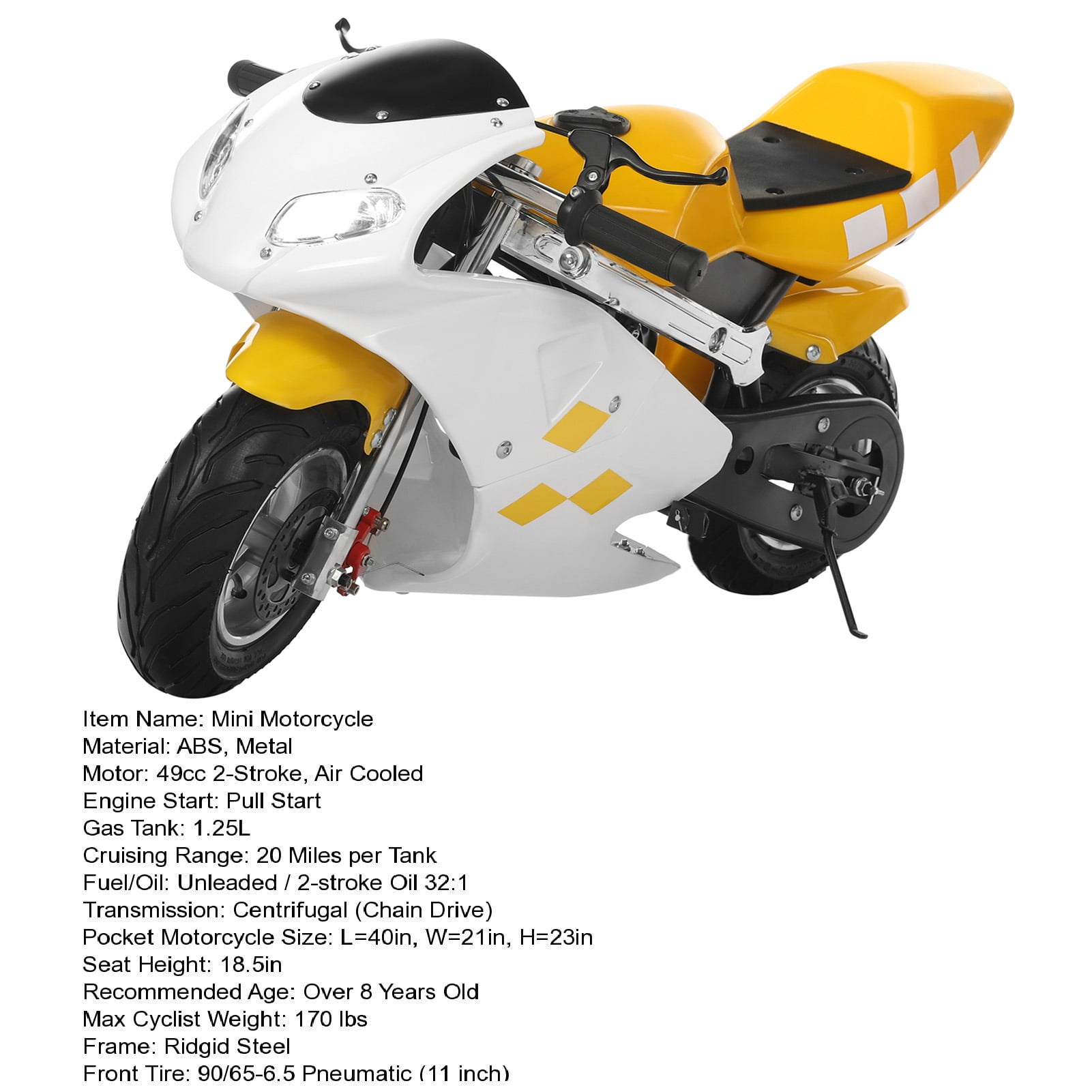 Aqyh Kids Gas Pocket Bike, 49cc 2-Stroke Mini Motorcycle with Dual Disc Brakes and Headlights (White and Yellow, 170 lb Max Load) caajz