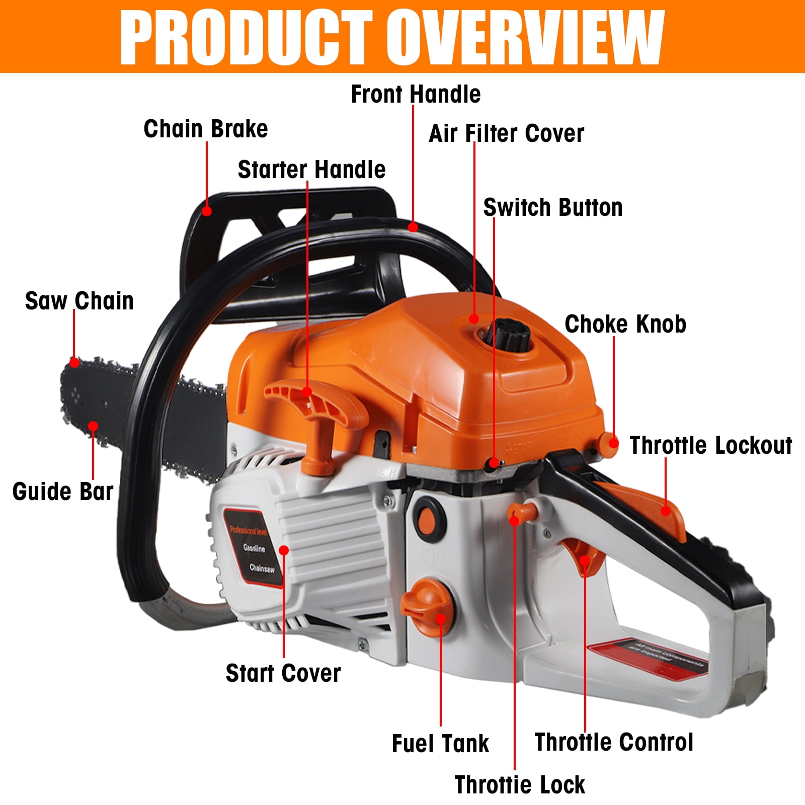 KingFurt 58CC Gas Chainsaw, 18 Inch Power Chainsaw for Tree Cutting and Landscaping (Orange, 18 in) ntz1k