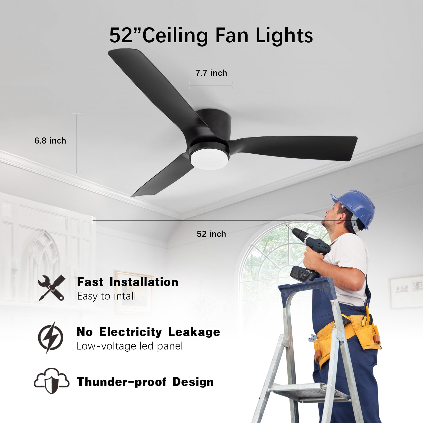 Wozzio 52 in Flush Mount Ceiling Fan with LED Light and Remote Control (Black, 52 in) ya95v