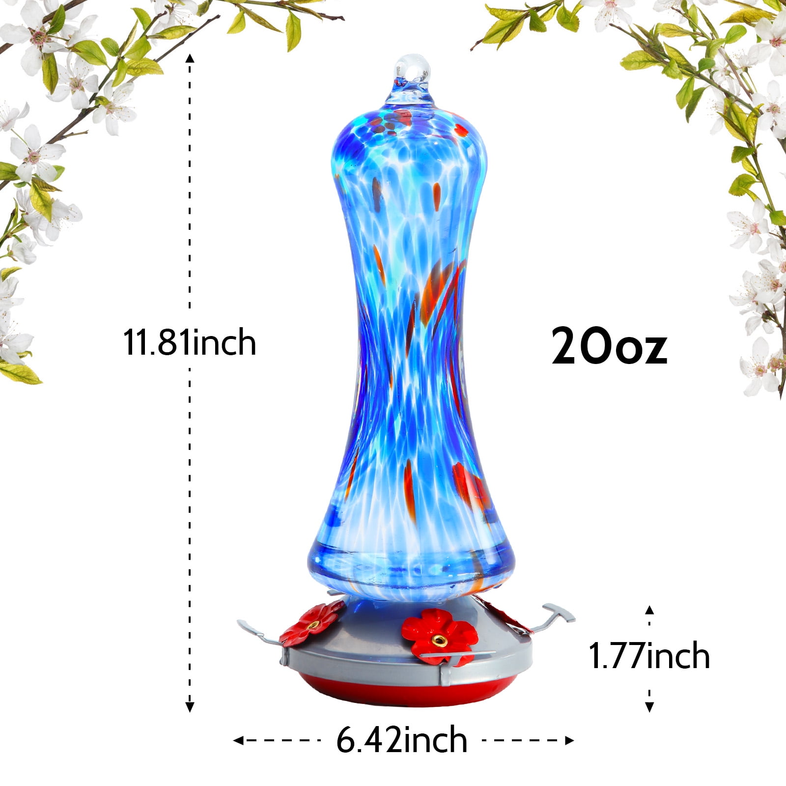 BirdKiss Hand-Blown Glass Hummingbird Feeder for Garden and Patio (Red, 16 oz) wjb7g