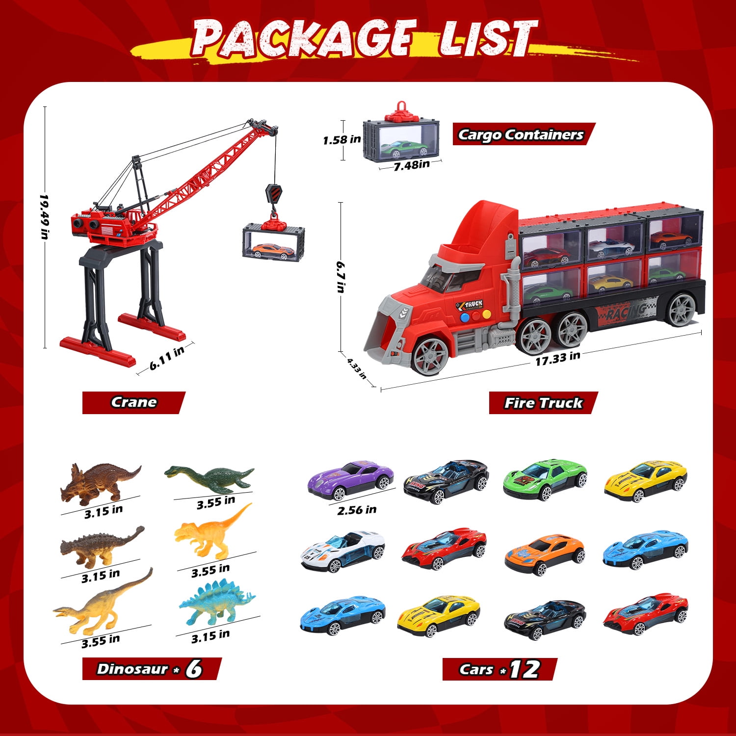 WonderStone 3-in-1 Fire Rescue Truck Playset with Crane, 12 Die-Cast Cars, and 6 Dinosaur Figures (Red, 17.33 in x 7.48 in x 4.33 in) 5bsgw