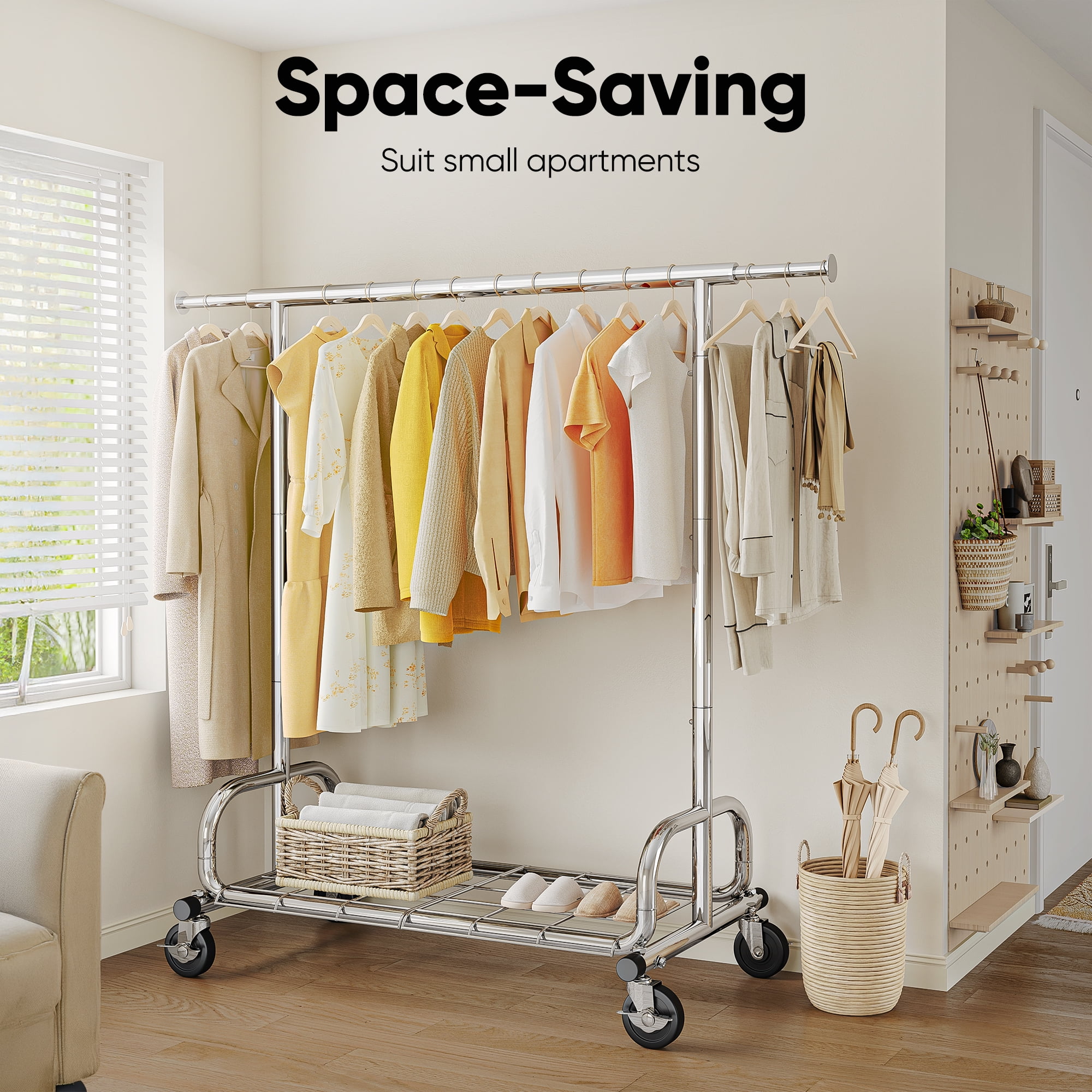 HOKEEPER Heavy Duty Rolling Garment Rack with Shelves, Commercial Grade Steel Clothes Organizer (Silver, 300 lb Capacity) 00wez