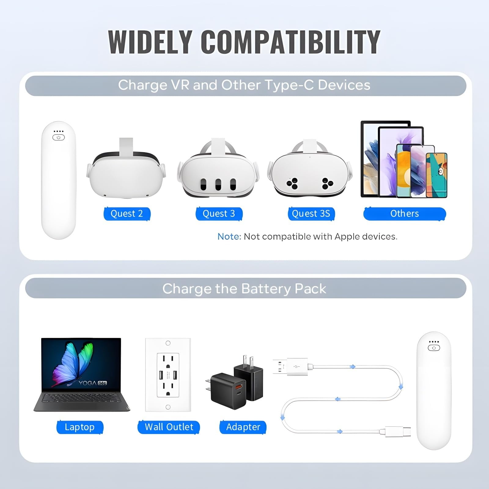Prociv VR Headset Battery Pack for Meta Quest 3S/3/2, Portable Fast Charging Extended Power Bank (4.2 oz) t5kks