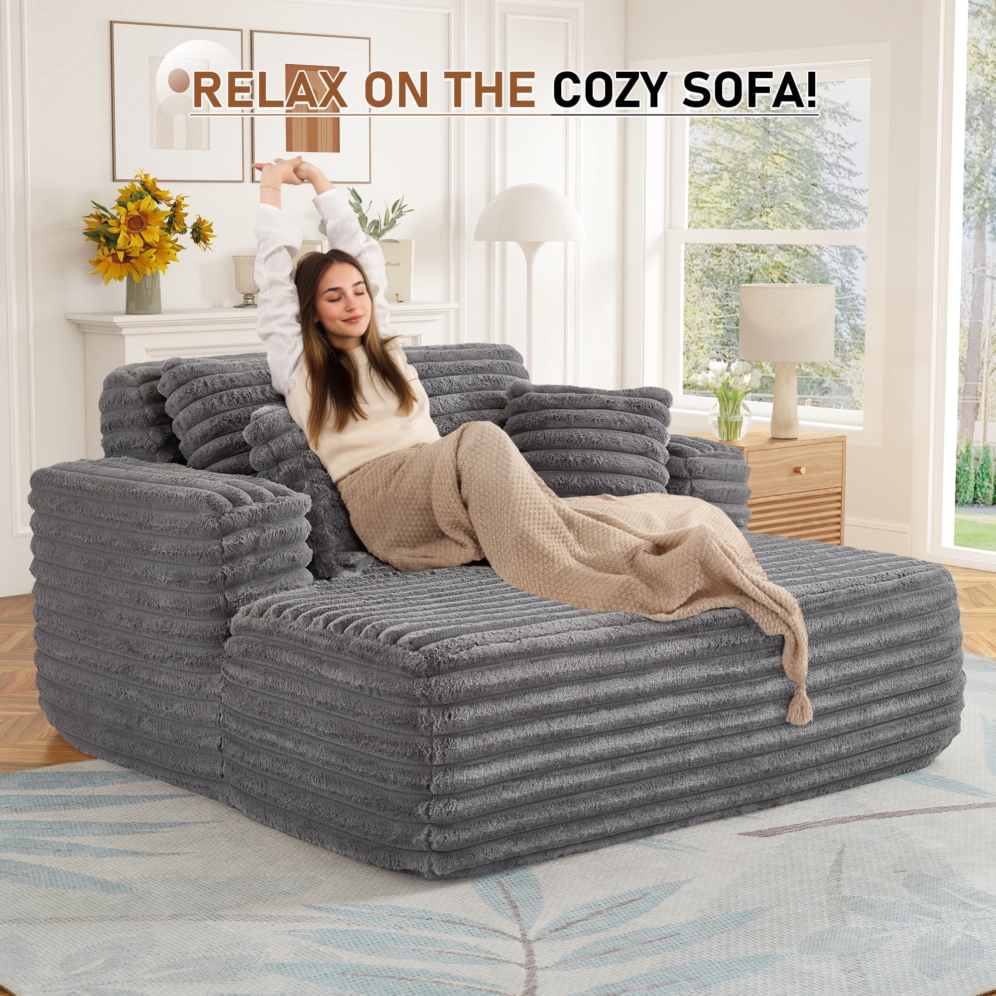 Muumblus Oversized Chaise Lounge Chair, Plush Corduroy Upholstered Sleeper Sofa for Living Room (Grey, 60 in x 40 in) gjbc4