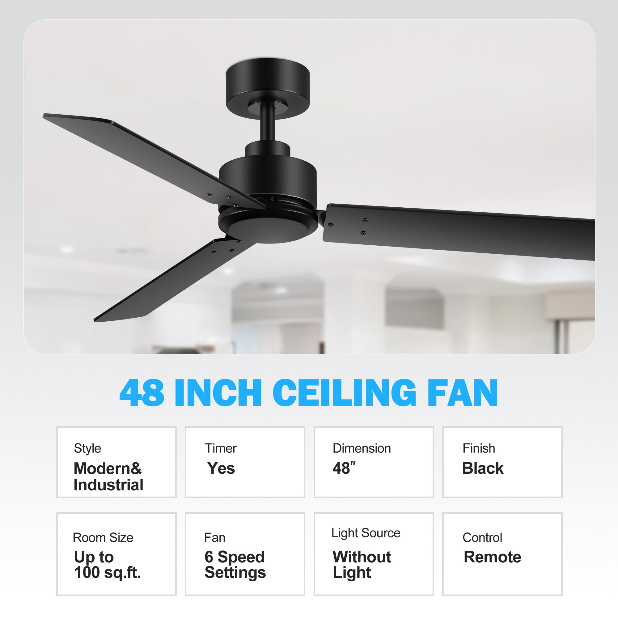 ALKAFY Industrial Ceiling Fan 2-Pack, 48 in Remote Control, 6-Speed Reversible DC Motor, Indoor Outdoor Use (Black, 2-Pack) p259w