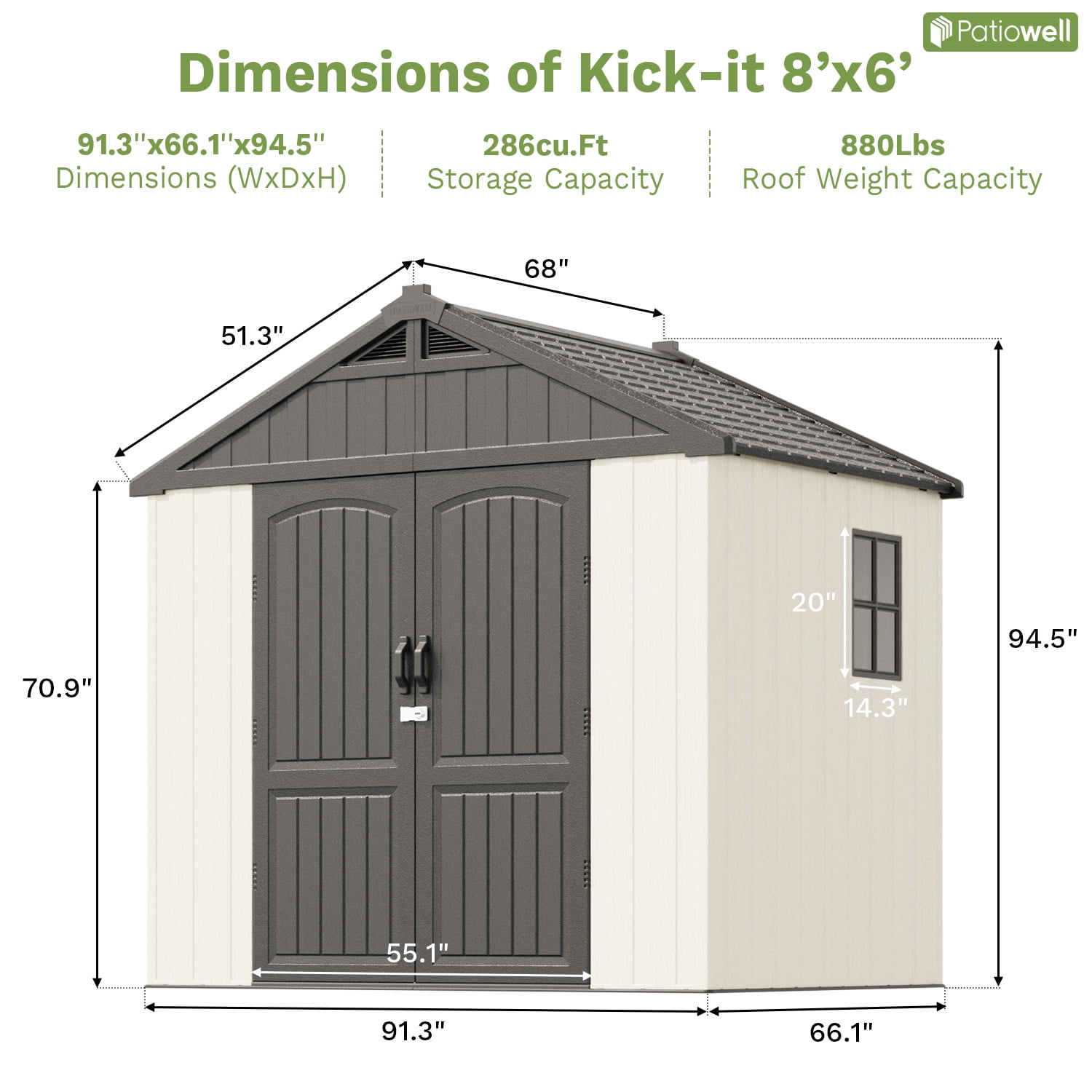 Patiowell 8x6 ft Outdoor Storage Shed with Floor, All-Weather Resin Garden Shed with Window and Lockable Doors (Gray/White) m36t0