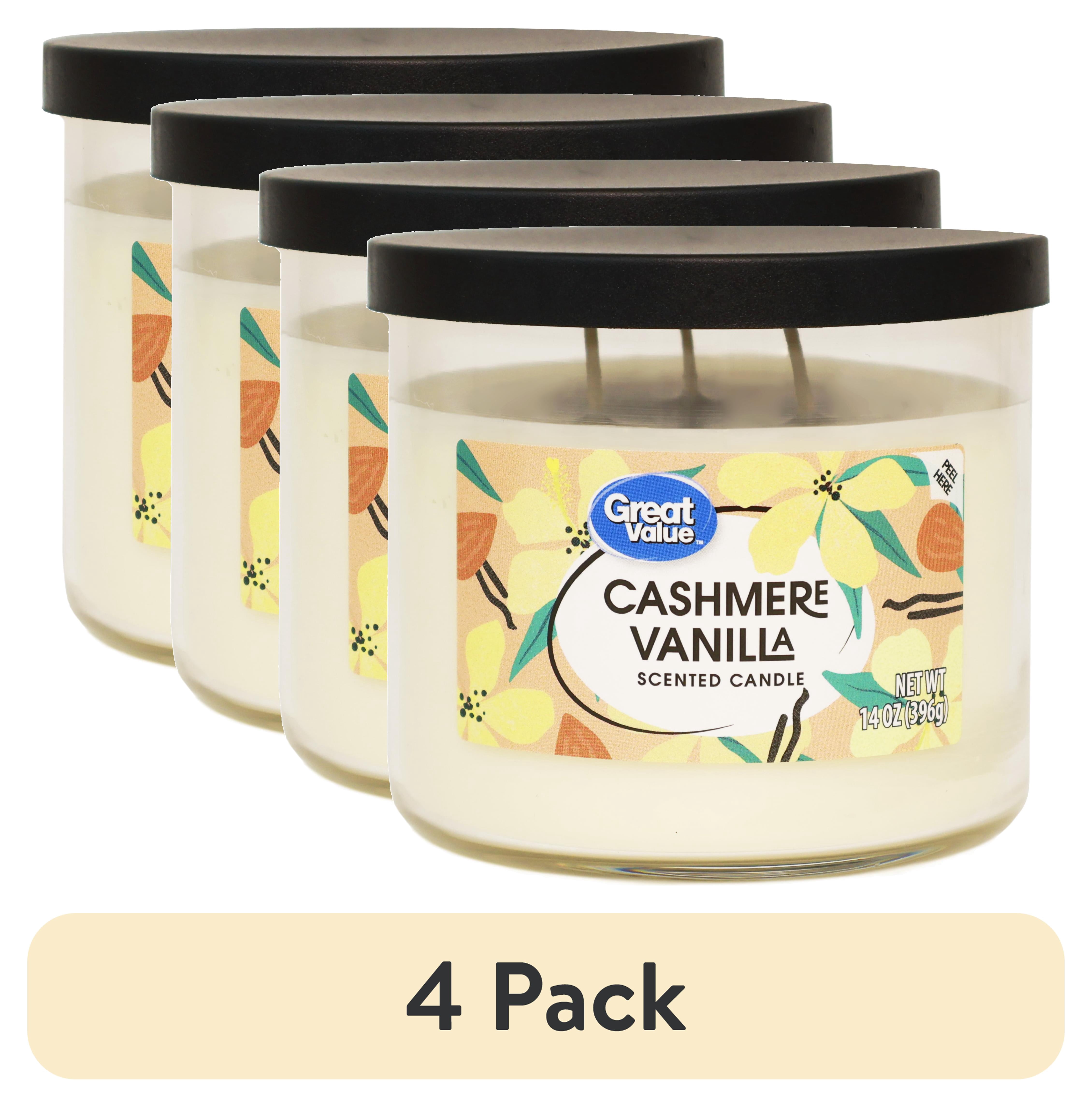 Great Value Cashmere Vanilla Scented Candle, 3-Wick Soy-Blend Wax, Long-Lasting Fragrance (White, 4 Pack, 14.5 oz) 03aue