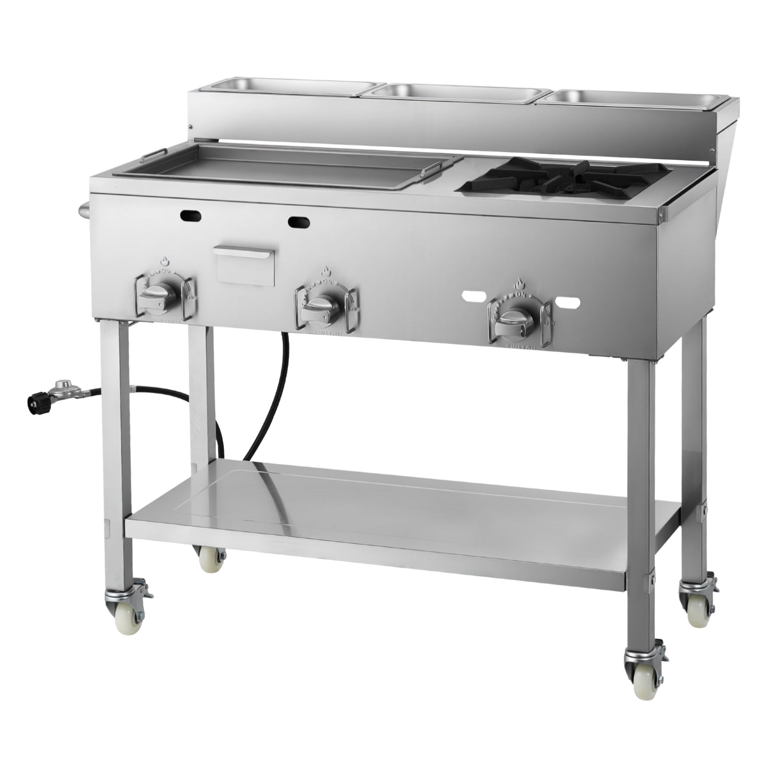 VEVOR Outdoor Propane Griddle, 3-Burner Commercial Stainless Steel Cooking Cart with Wheels and 3 Food Pans 2kqvv