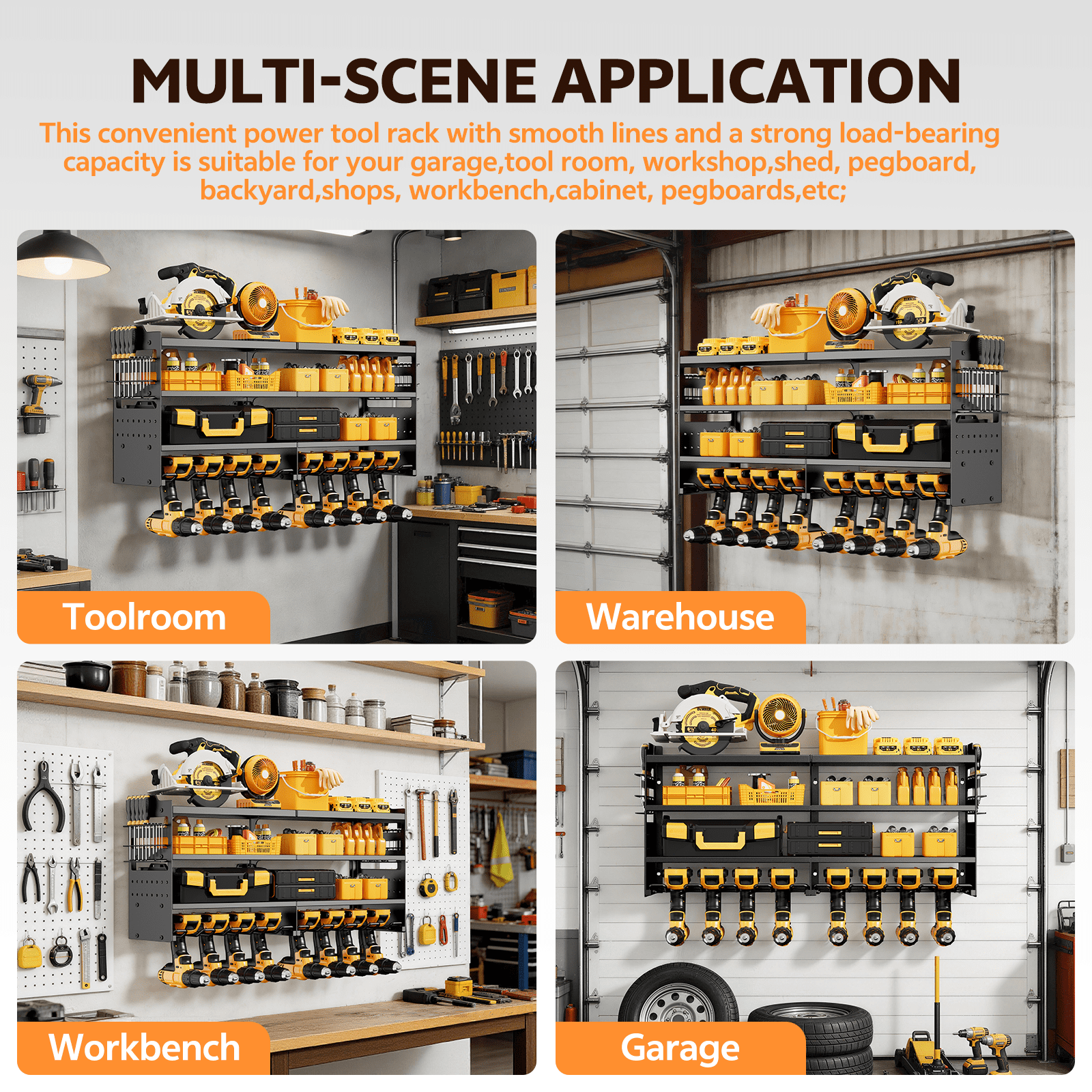 ZRSDIXKI Power Tool Organizer Wall Mount 4-Tier Heavy Duty Drill Holder with Side Pegboards (33 in x 7.9 in x 15.7 in) h79ih