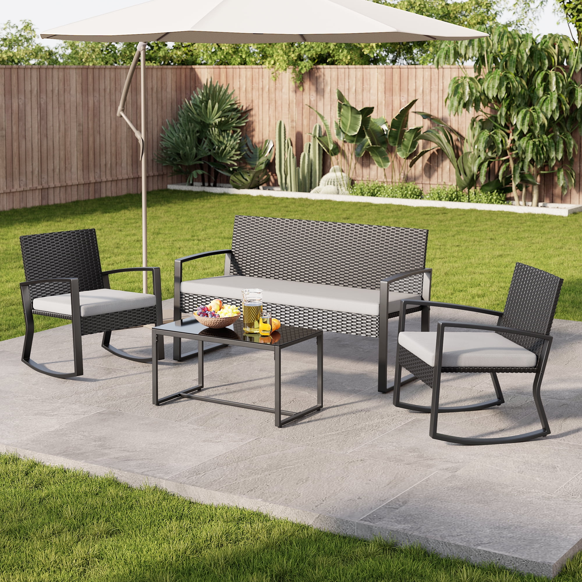 Lofka Outdoor Patio Furniture Set with Wicker Chairs and Tempered Glass Table (Gray, 4-Piece Set) 3vui5