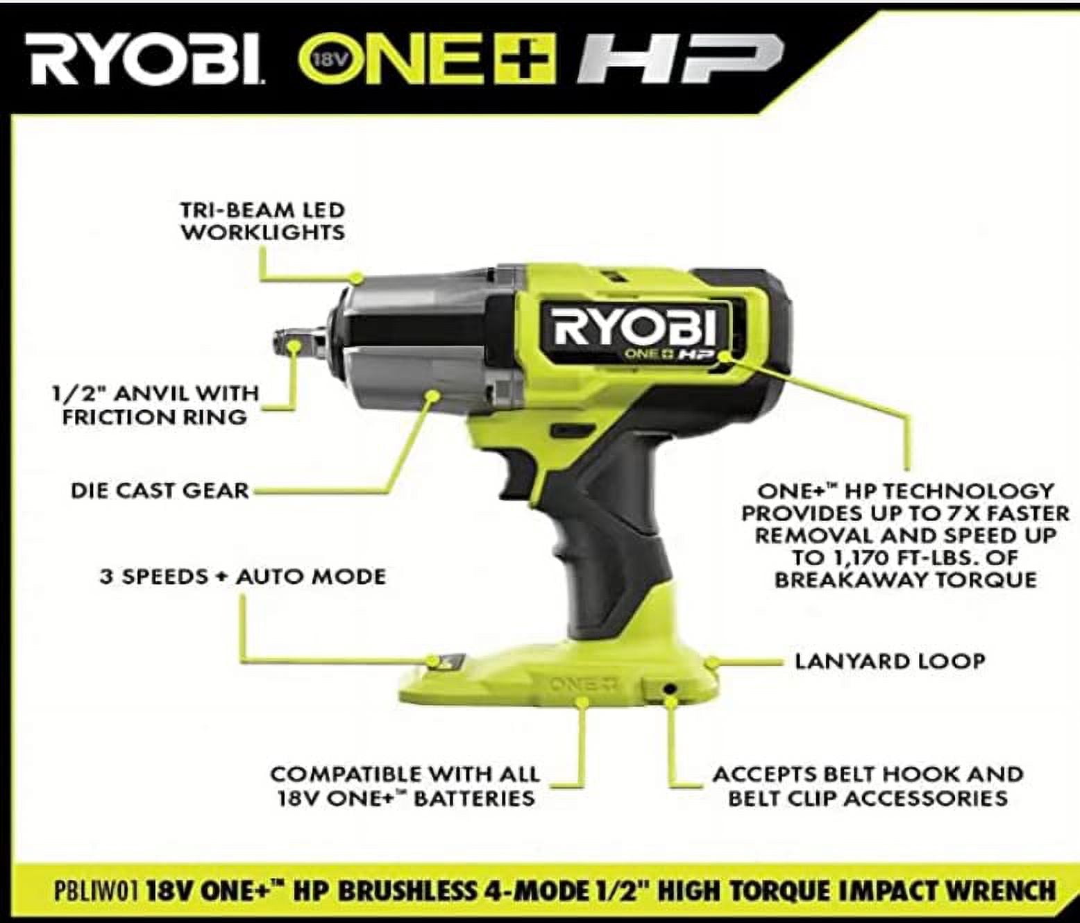 Ryobi ONE+ HP 18V Brushless Cordless 4-Mode High Torque Impact Wrench (Green, 0.5 in) 09weq
