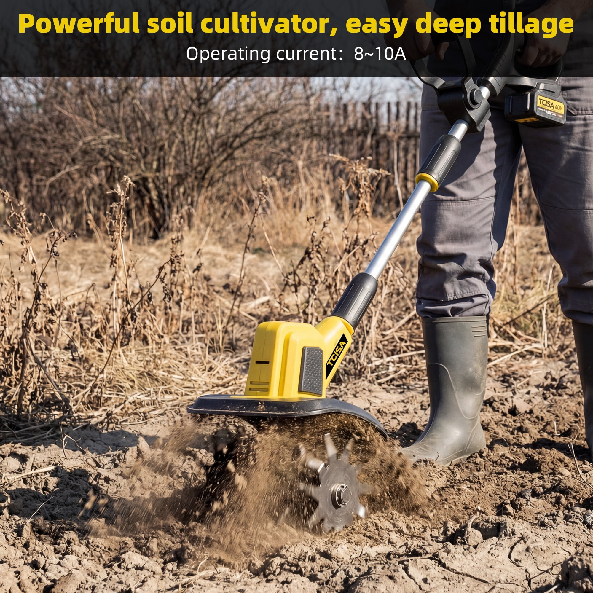 Tcisa 20V Cordless Electric Tiller, Garden Cultivator for Soil Tilling and Weeding (Yellow, 9 in Width) undlk