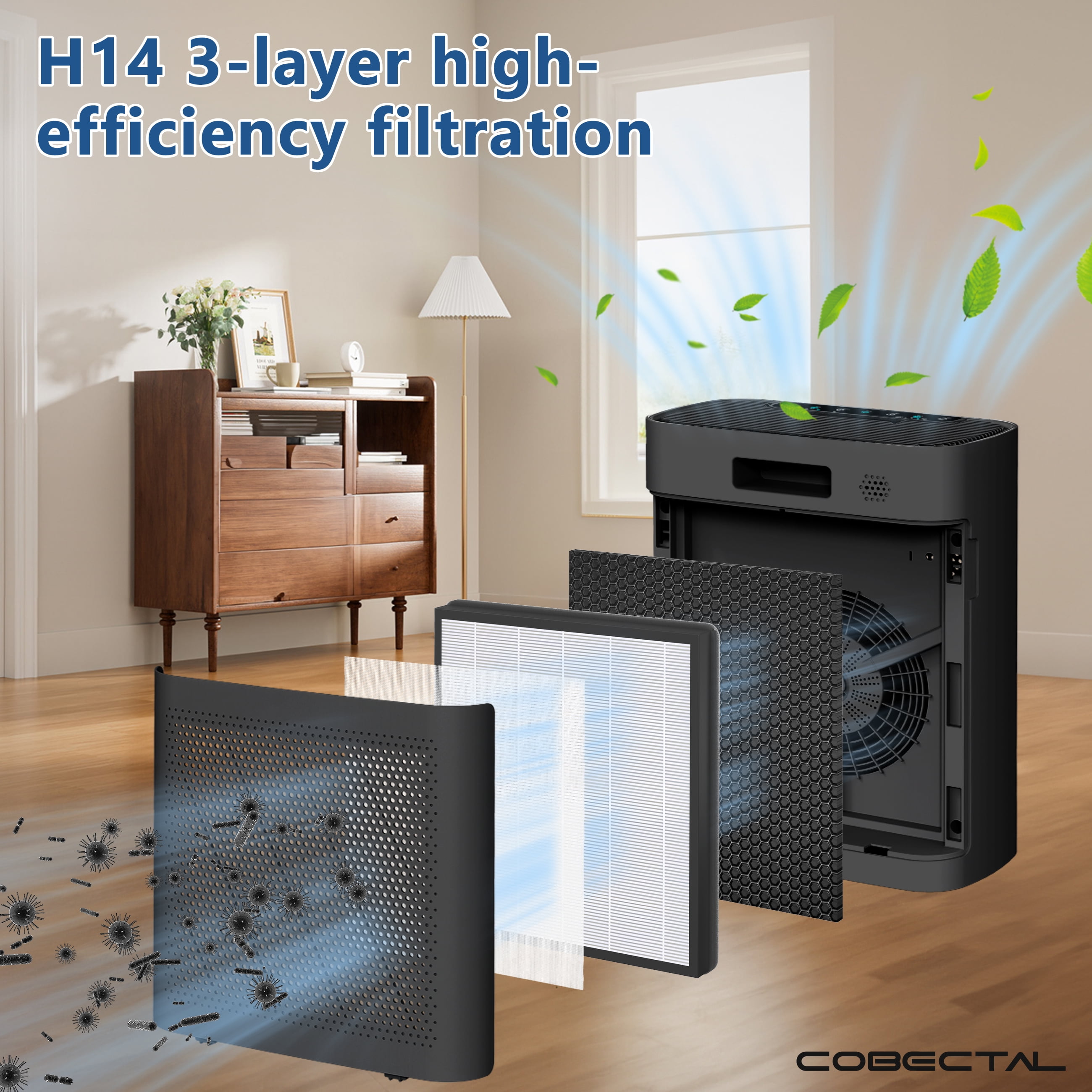 Cobectal H14 HEPA Air Purifier for Home Large Room, Pet Dander & Allergen Remover (Black, 15.82 in x 12.12 in x 6.37 in) devlb