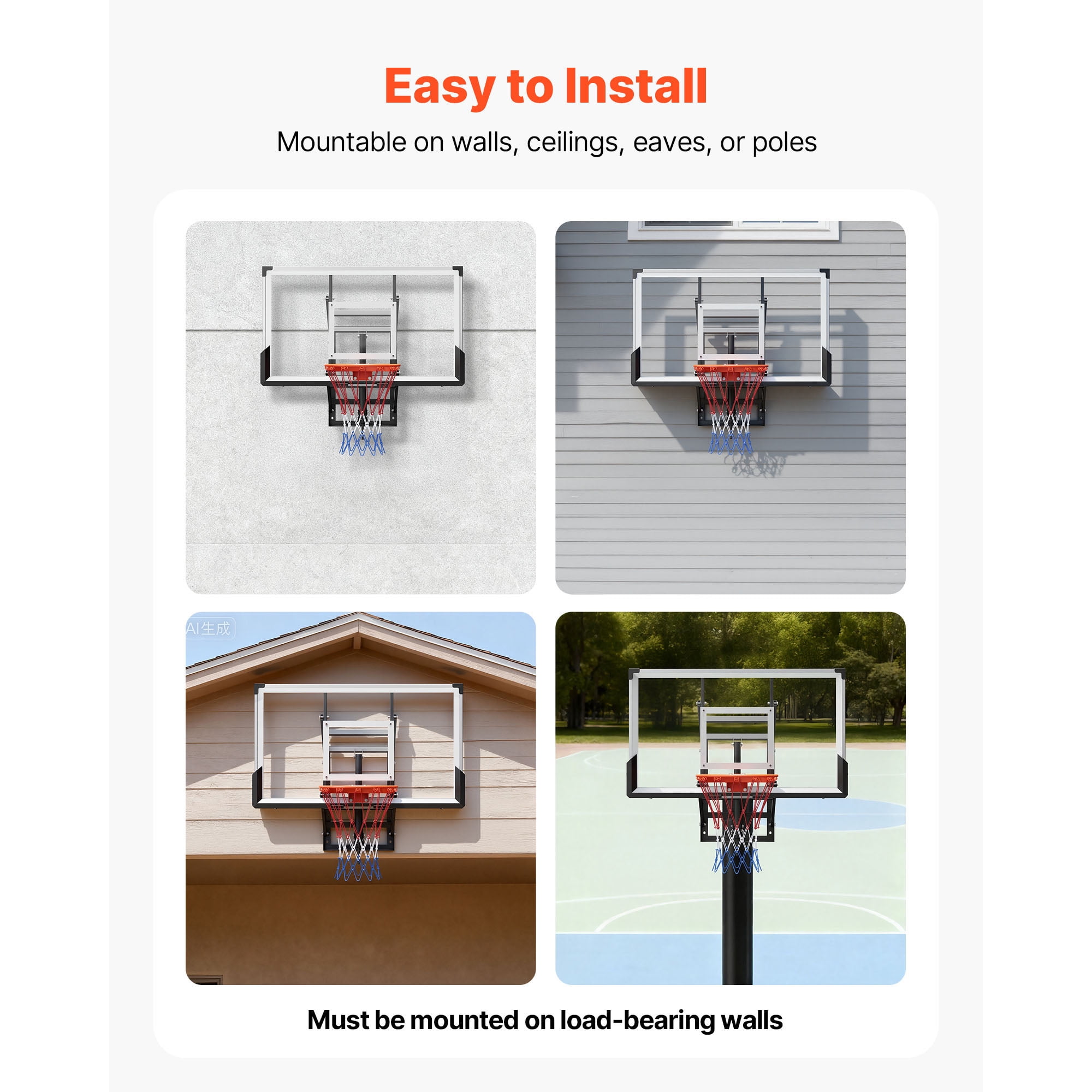 KFFKFF Wall-Mounted Basketball Hoop, 54-inch Polycarbonate Backboard with Hand-Crank Height Adjustment (Black, 54 in) 7t0oe
