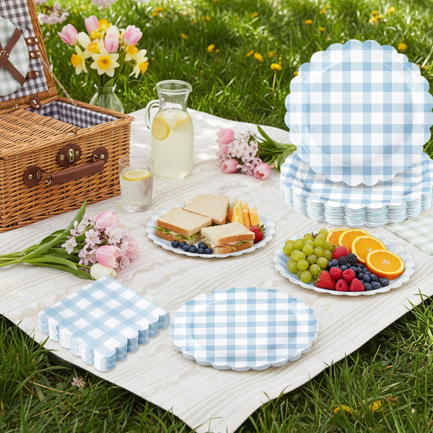 Gingham Party Supplies Disposable Scalloped Plate and Napkin Set (Light Pink, 100 Piece) dpszd