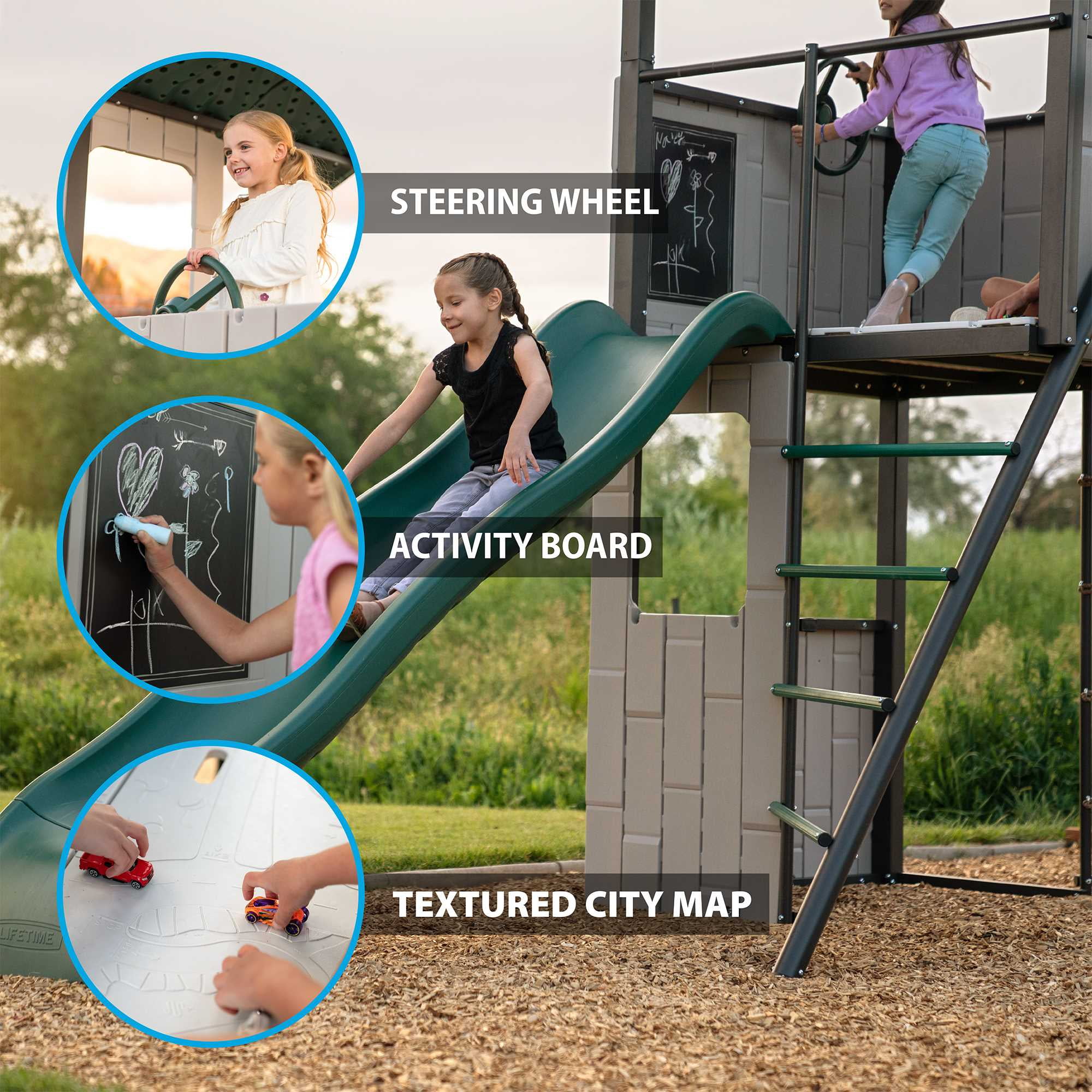 Lifetime Adventure Clubhouse Swing Set with Slide, Belt Swings, and Trapeze Bar (1 Unit) nj4r0
