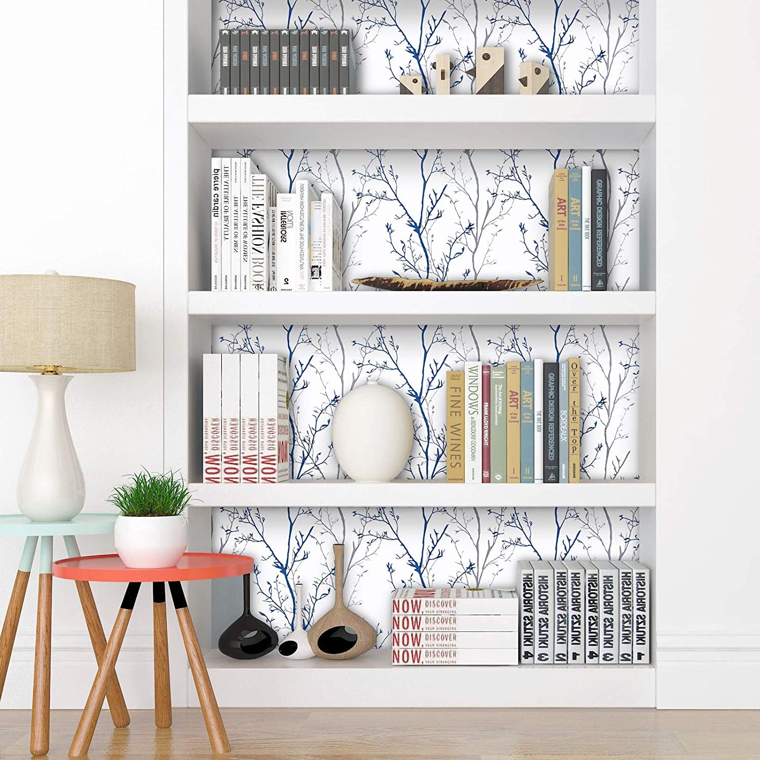 Caltero Peel and Stick Wallpaper, Grey Blue Tree Branch Self-Adhesive Decorative Wall Covering (17.7 in x 118 in) d7ze7