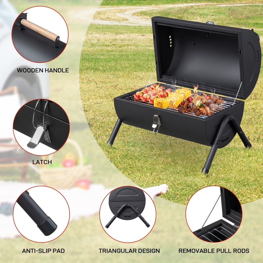 Triple Tree Portable Charcoal Grill with Thermometer and Wooden Handle, Compact Tabletop BBQ Smoker for Outdoor Camping (Black, 13.5 in x 8.5 in) 3jfp7