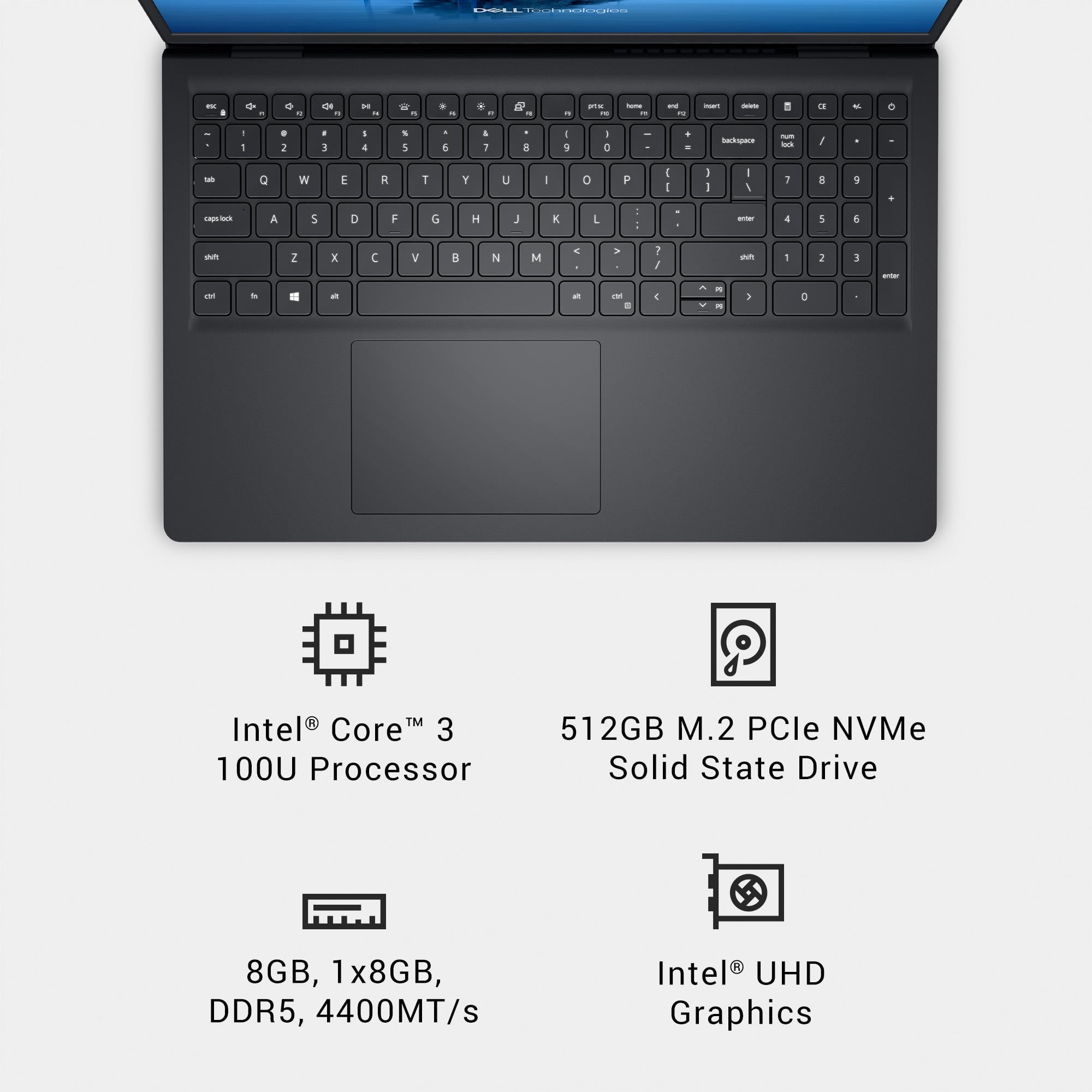 Dell DC15250 15.6 in FHD 120Hz Laptop, Intel Core 3 100U, 8GB DDR5 RAM, 512GB SSD (Carbon Black) ml2ds