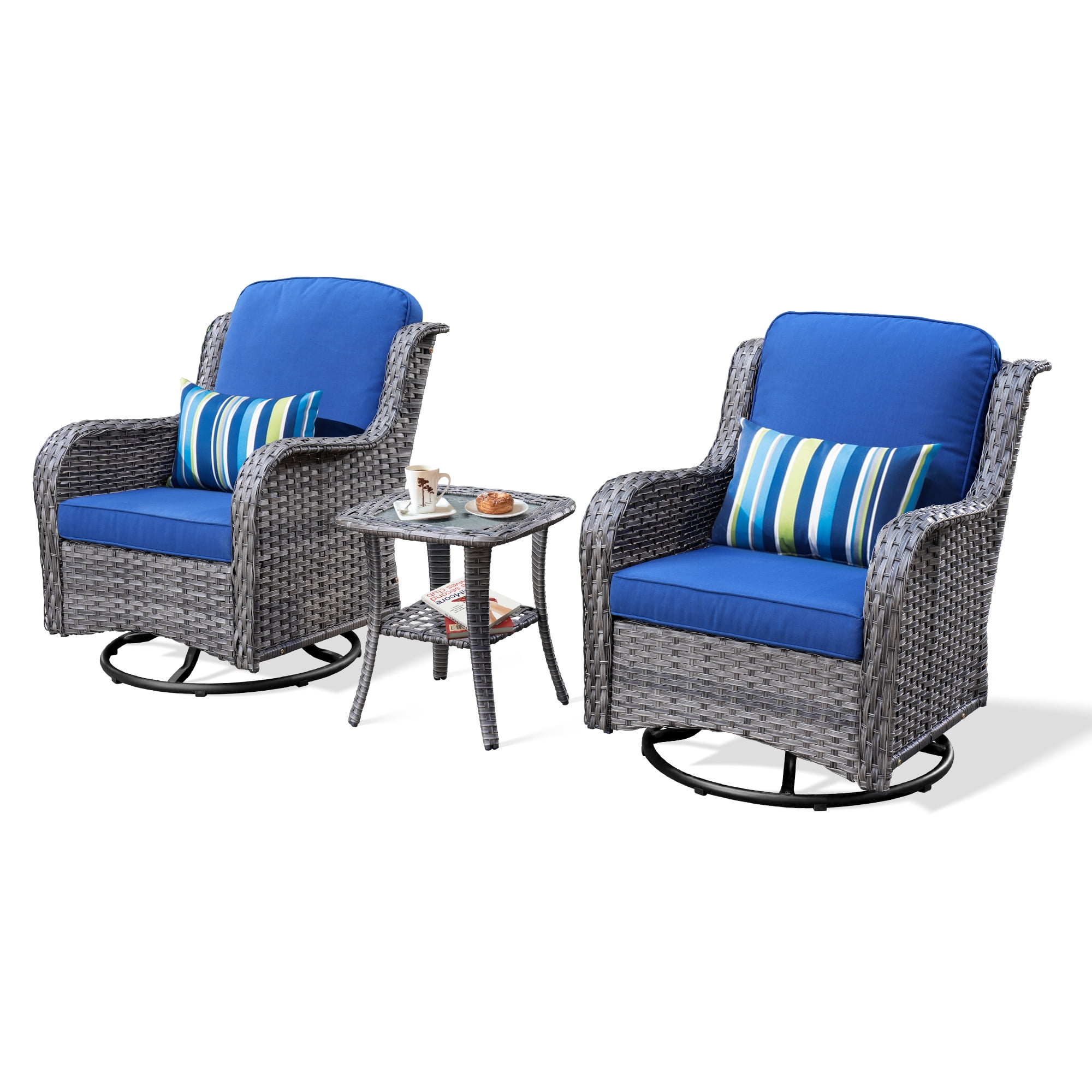 Ovios 3-Piece Patio Wicker Bistro Set with Swivel Rocking Chairs and Cushions (Blue, 3-Piece Set) acfyk