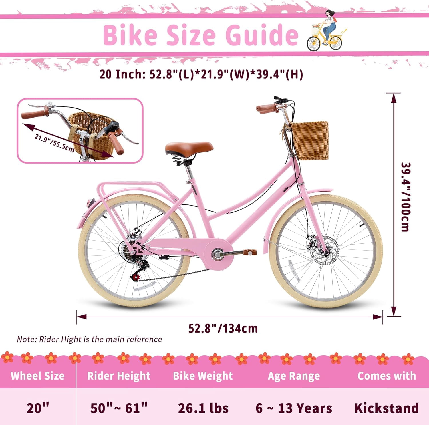 DEYGIA 20 Inch 7-Speed Retro Cruiser Kids Bike with Rattan Basket (Pink, 20 in) gt5nq