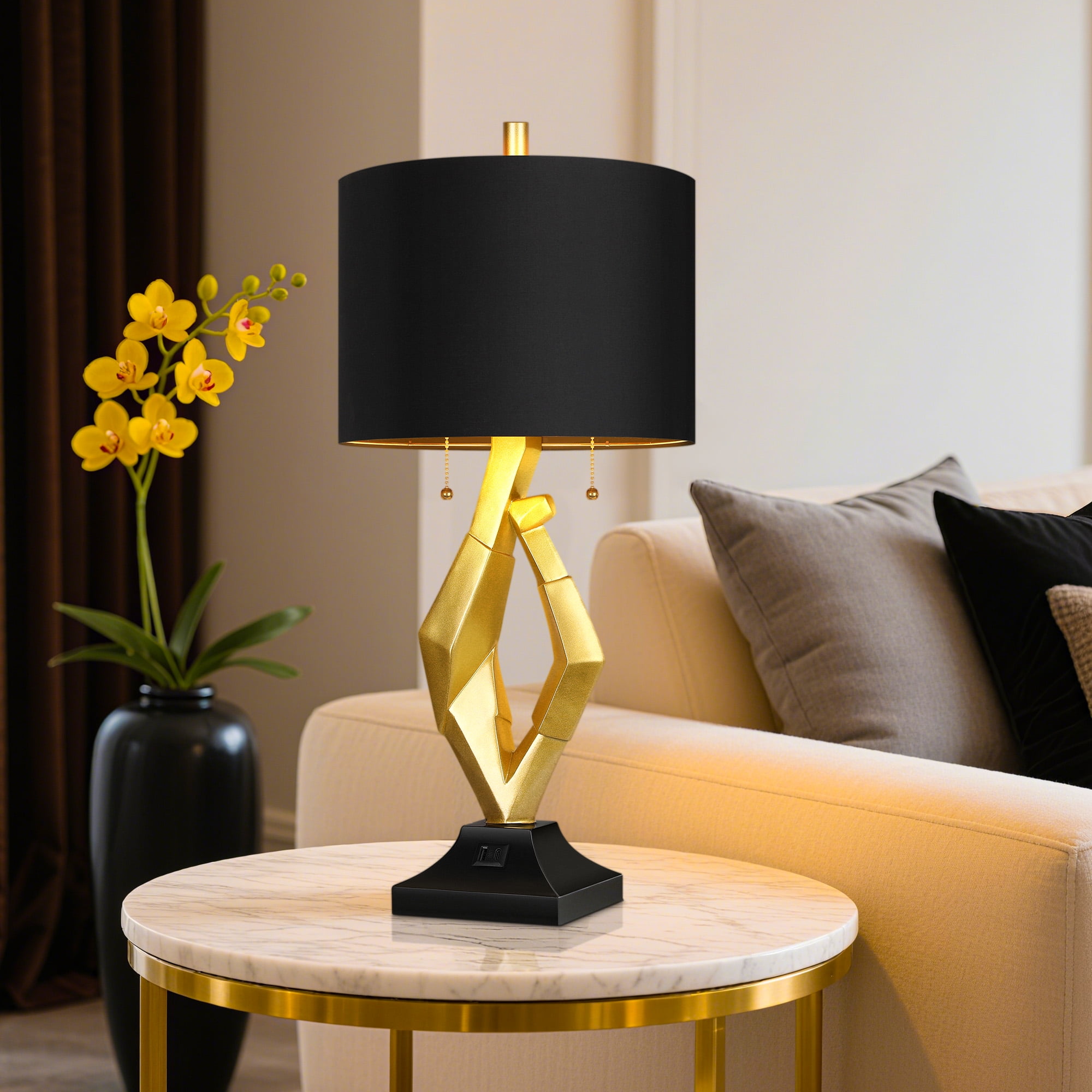 SparkGlowy Contemporary Resin Table Lamps with USB Charging Ports and Black Shades (Gold, 25.5 in) jw9tf