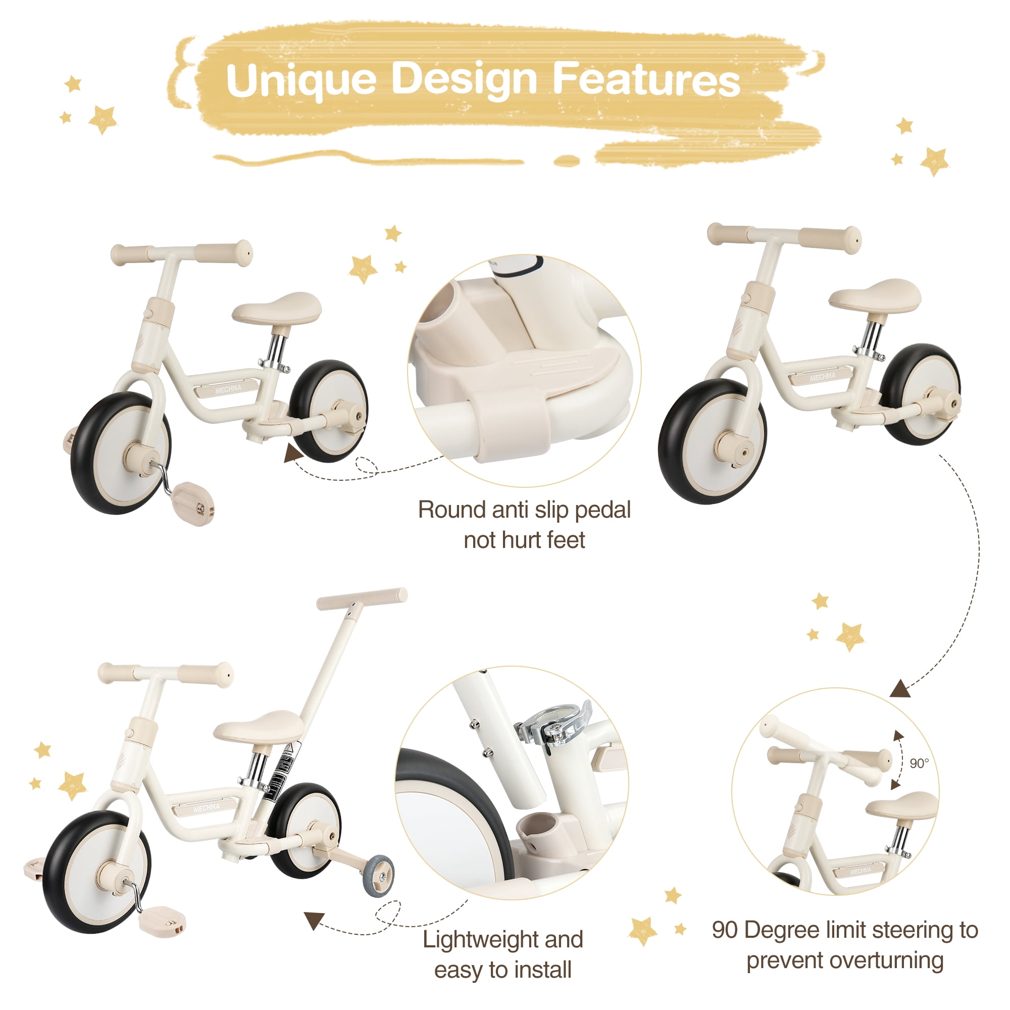 MEGHNA 4-in-1 Toddler Balance Bike with Pushbar and Detachable Training Wheels (White) 9g9z8