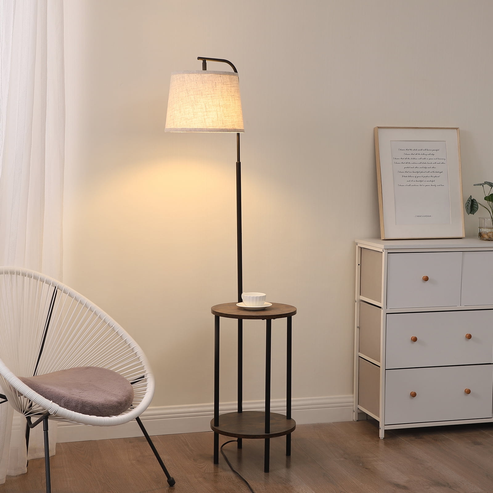 DEWENWILS Rustic Farmhouse Floor Lamp with Attached End Table, Adjustable Reading Light for Living Room and Bedroom (Brown, 62 in) lvb6r