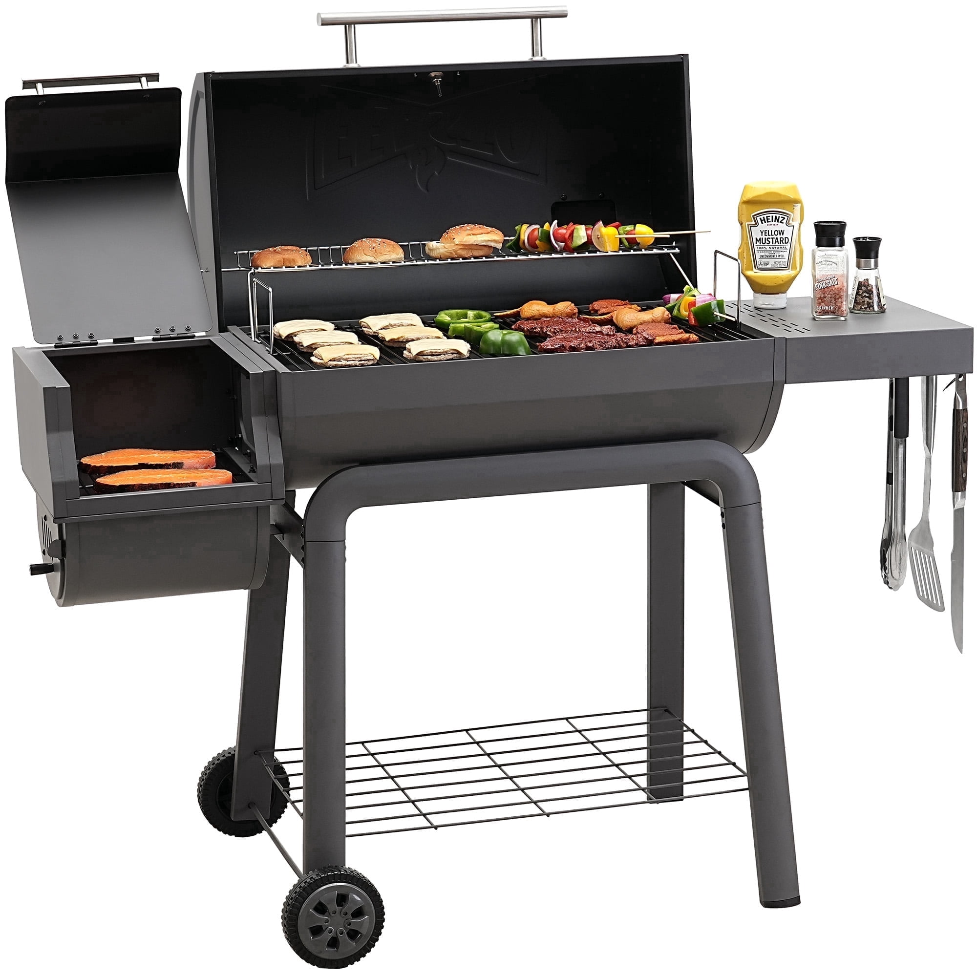 Feasto 30-Inch Charcoal Grill with Offset Smoker and Side Table (Black, 832 Sq. In. Cooking Space) q45gv
