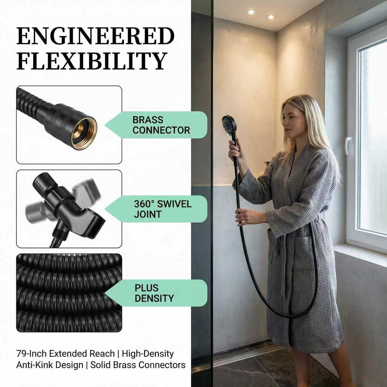 Lsupdaol Stainless Steel Shower Hose with Adjustable Arm Holder and Replacement Head (Black, 79 in) ev9sr