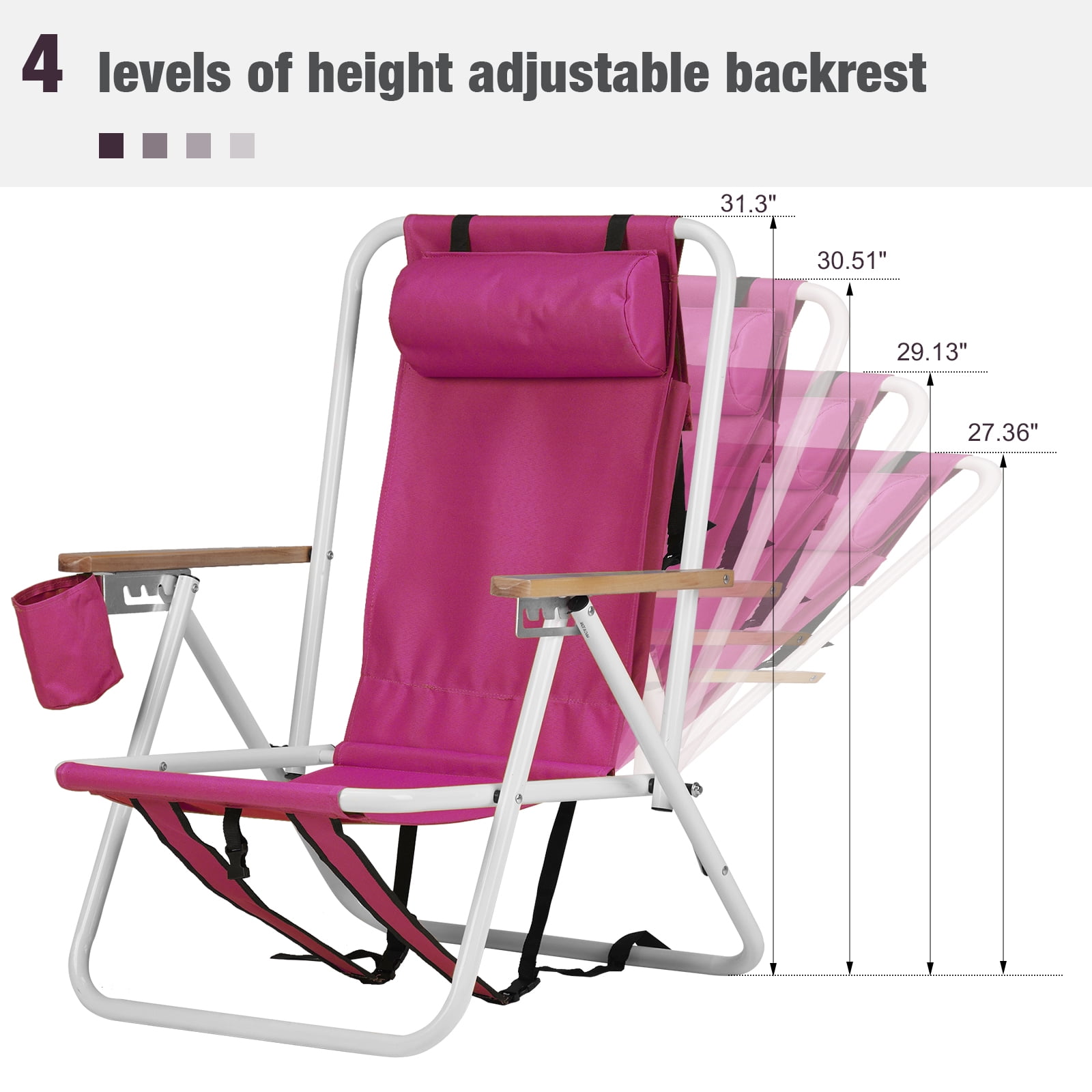 SUREGO Folding Beach Chair with Adjustable Headrest and 4-Position Recline (Pink, 1 Pack) z3lid