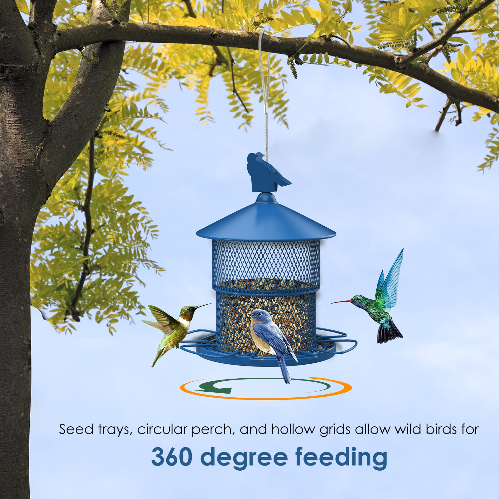 Digipettor Metal Wild Bird Feeder, Squirrel-Proof Hanging Seed Feeder for Garden and Yard (Blue, 4 lb) oarpn