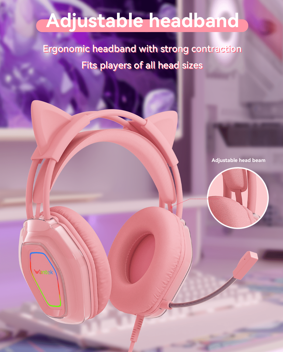 Wantek V10 Cat Ear Gaming Headset with RGB Lighting and Noise-Canceling Microphone (Pink, 7.17 ft) bt2cw