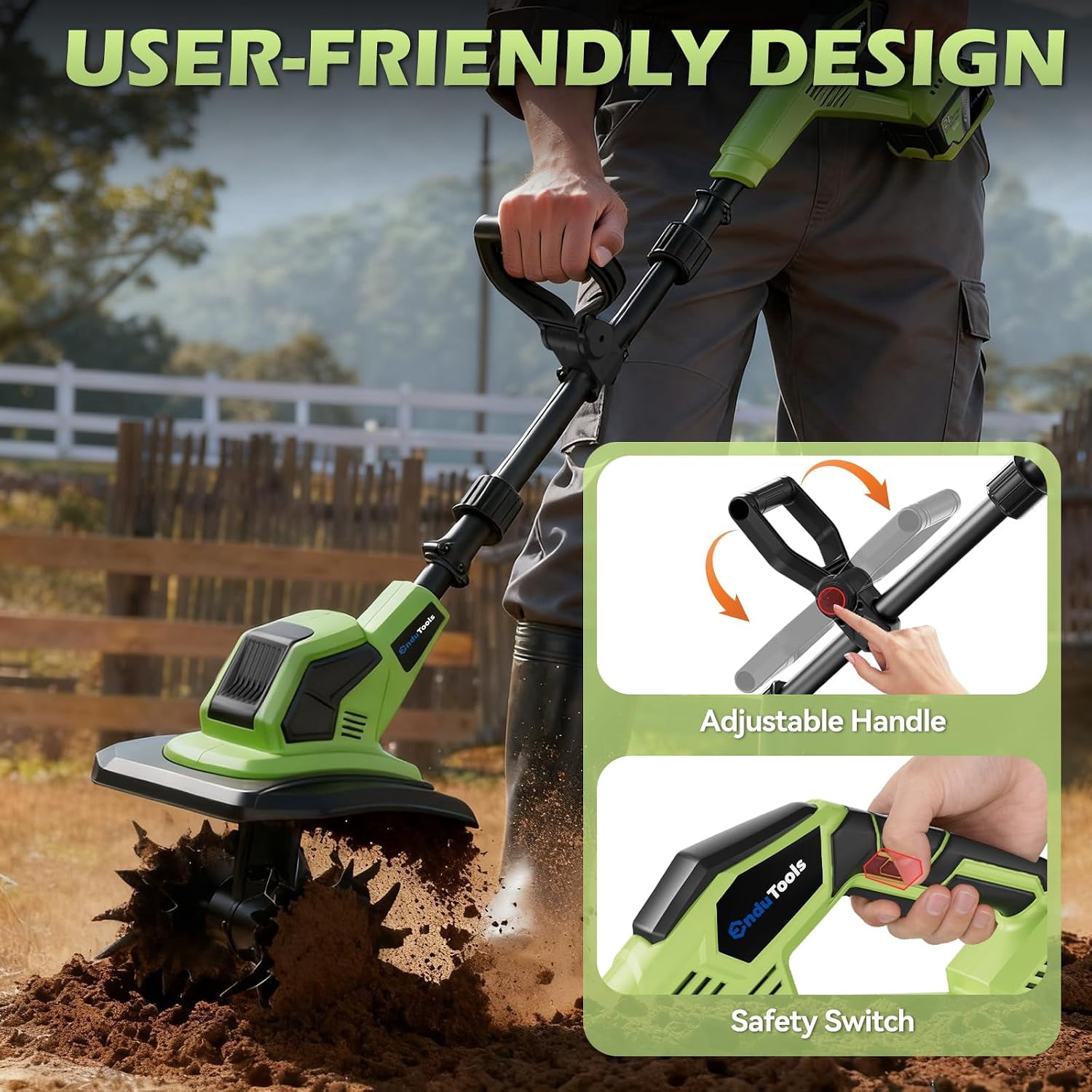 Protmex Cordless Garden Tiller Cultivator, Electric Rototiller for Soil Preparation, 9 in Tilling Width, 6.7 in Depth (21V, 2 x 4.0Ah Batteries) dmpt8