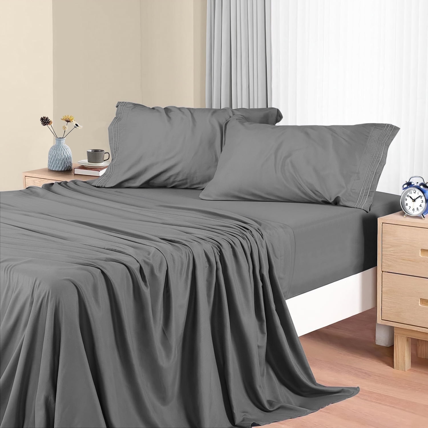 Cshidworld Queen Bed Sheet Set, 1800 Series Microfiber Cooling Bedding, Breathable & Hypoallergenic 4-Piece Luxury Soft Set (Grey, Queen) 3lg6a