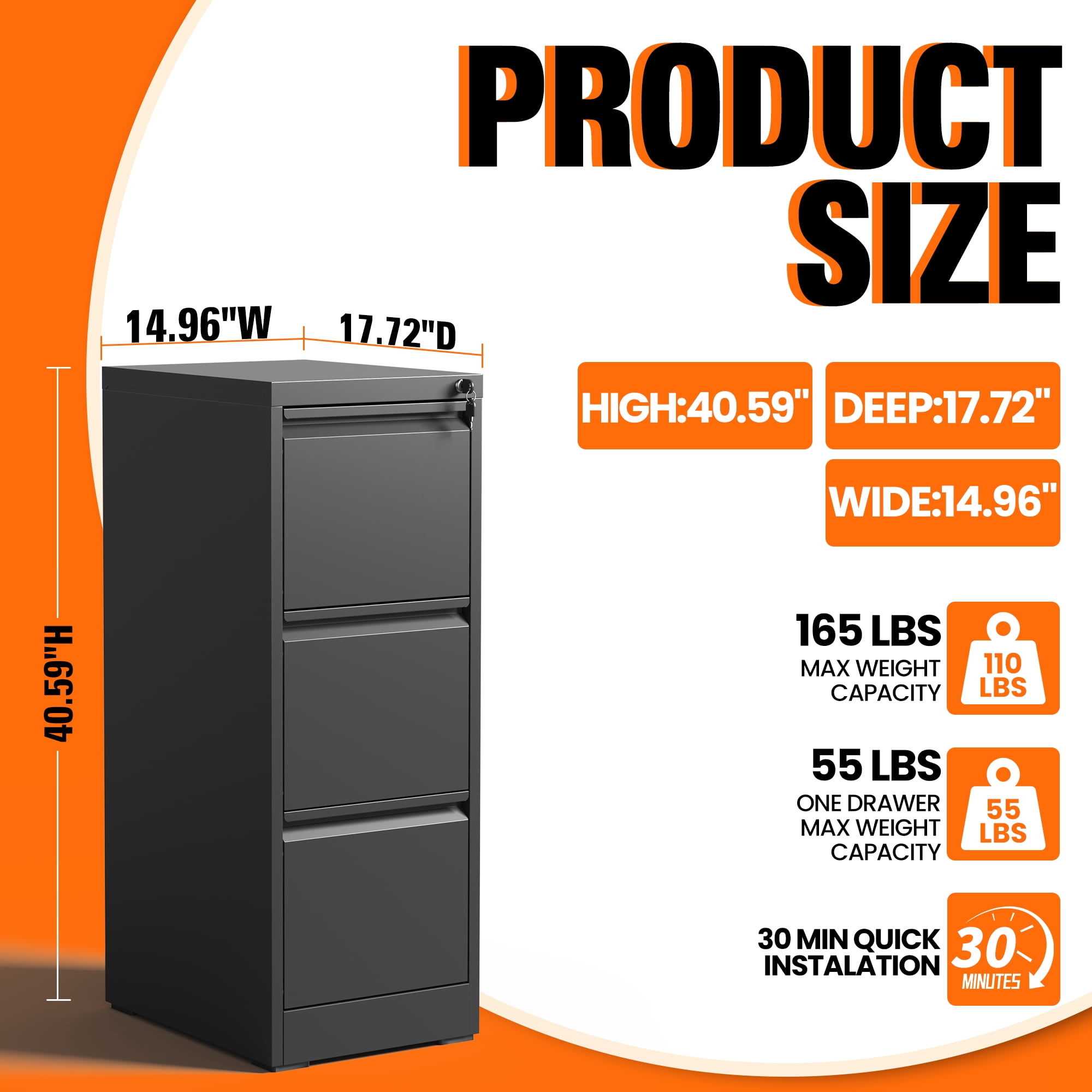 BIZOEIRON 3-Drawer Vertical Filing Cabinet with Lock, Heavy-Duty Steel Office Storage for Legal and Letter Files (Black) r9qb8