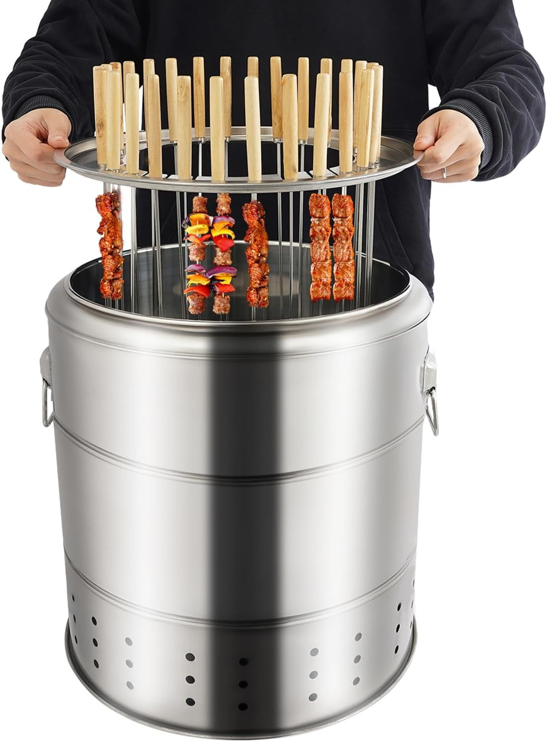 Generic Portable Smokeless Charcoal Barrel Grill, Stainless Steel Kebab BBQ with 28 Skewer Capacity (Silver, 1 Unit) qsnsc