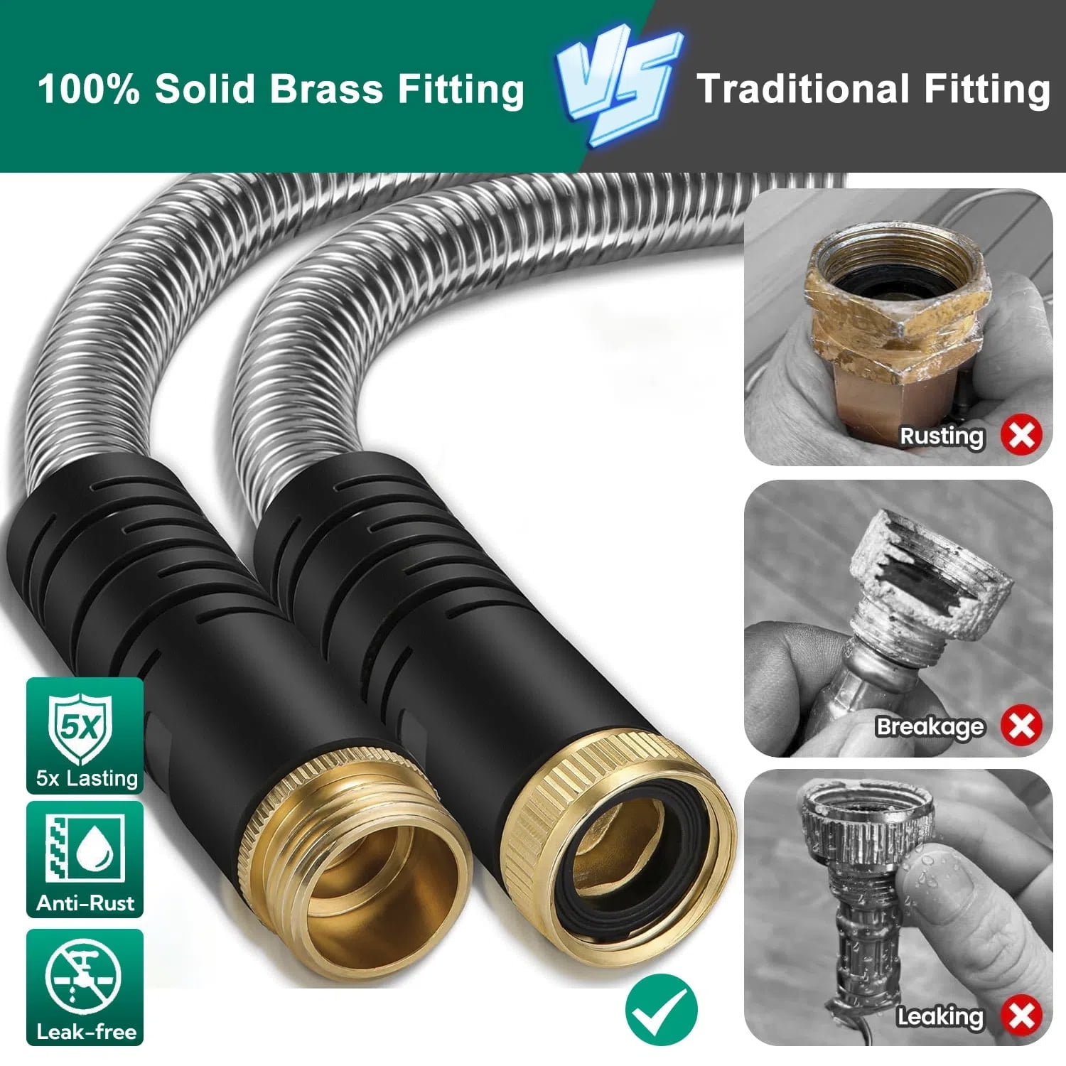 Teblint 304 Stainless Steel Garden Hose, Heavy-Duty Flexible Water Hose with 10-Function Nozzle (Silver, 50 ft) ij93i