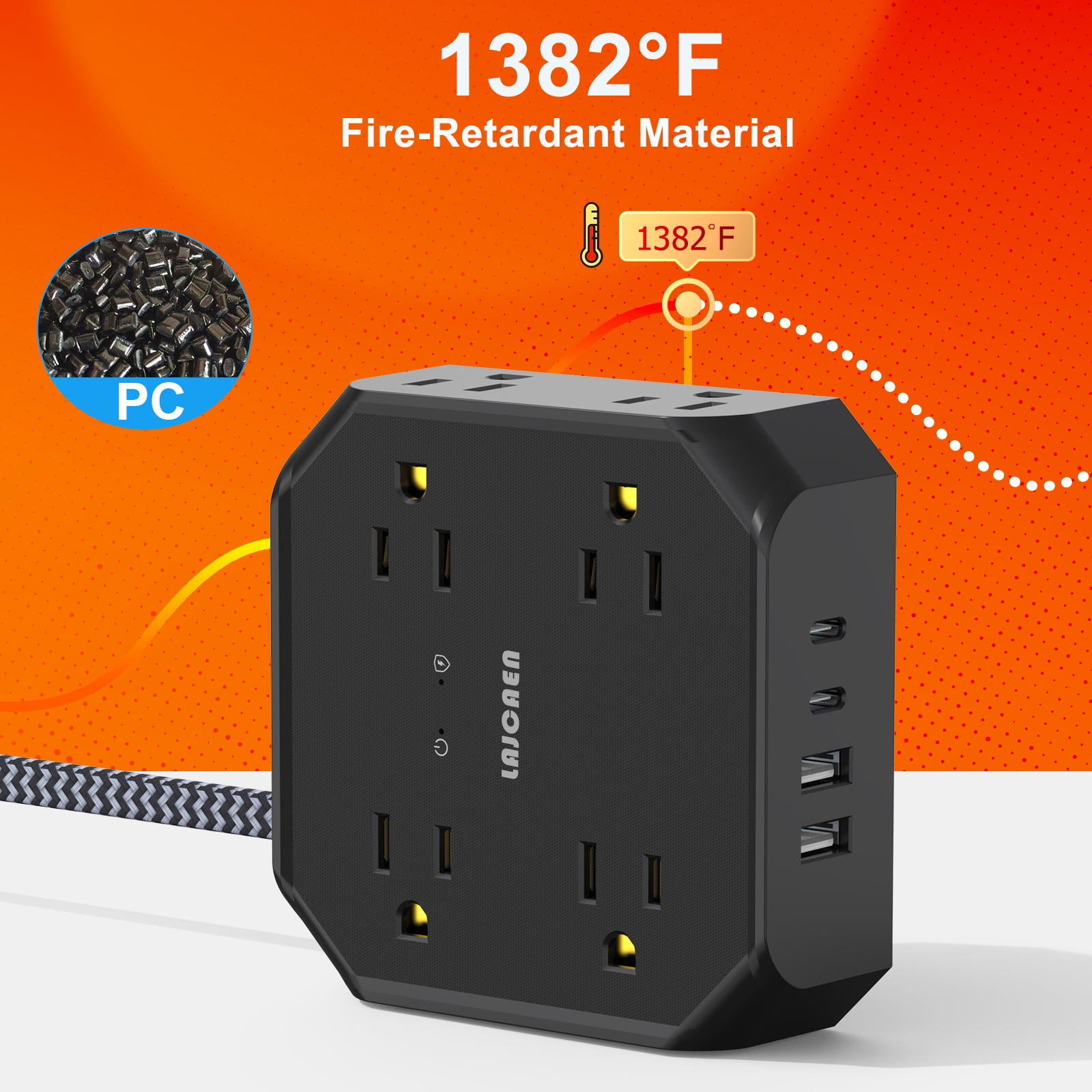 LAJCAEN Power Strip Surge Protector, 12-in-1 Extension Cord with 8 Outlets and 4 USB Ports (Black, 5 ft) 2pja8