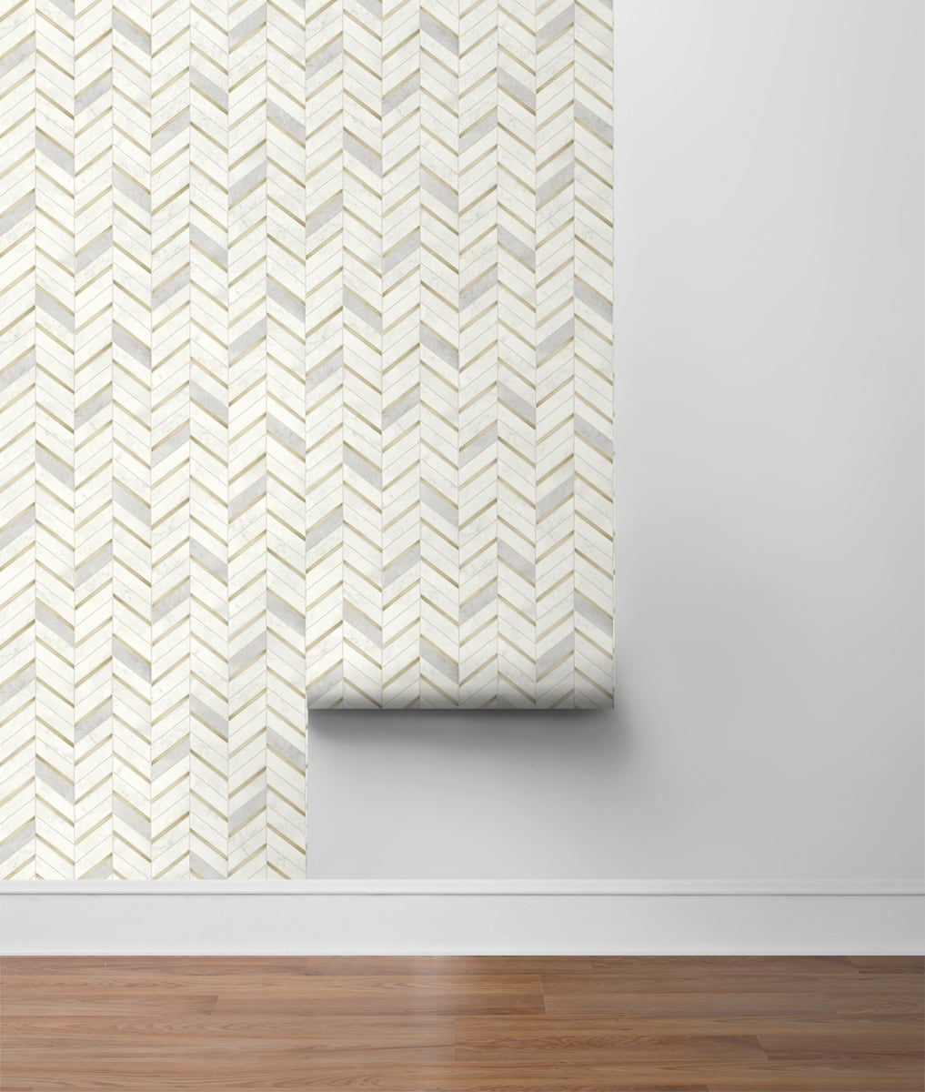 NextWall Metallic Gold & Pearl Gray Chevron Marble Tile Peel and Stick Wallpaper (Gold, 20.5 in. x 18 ft.) mrzf3