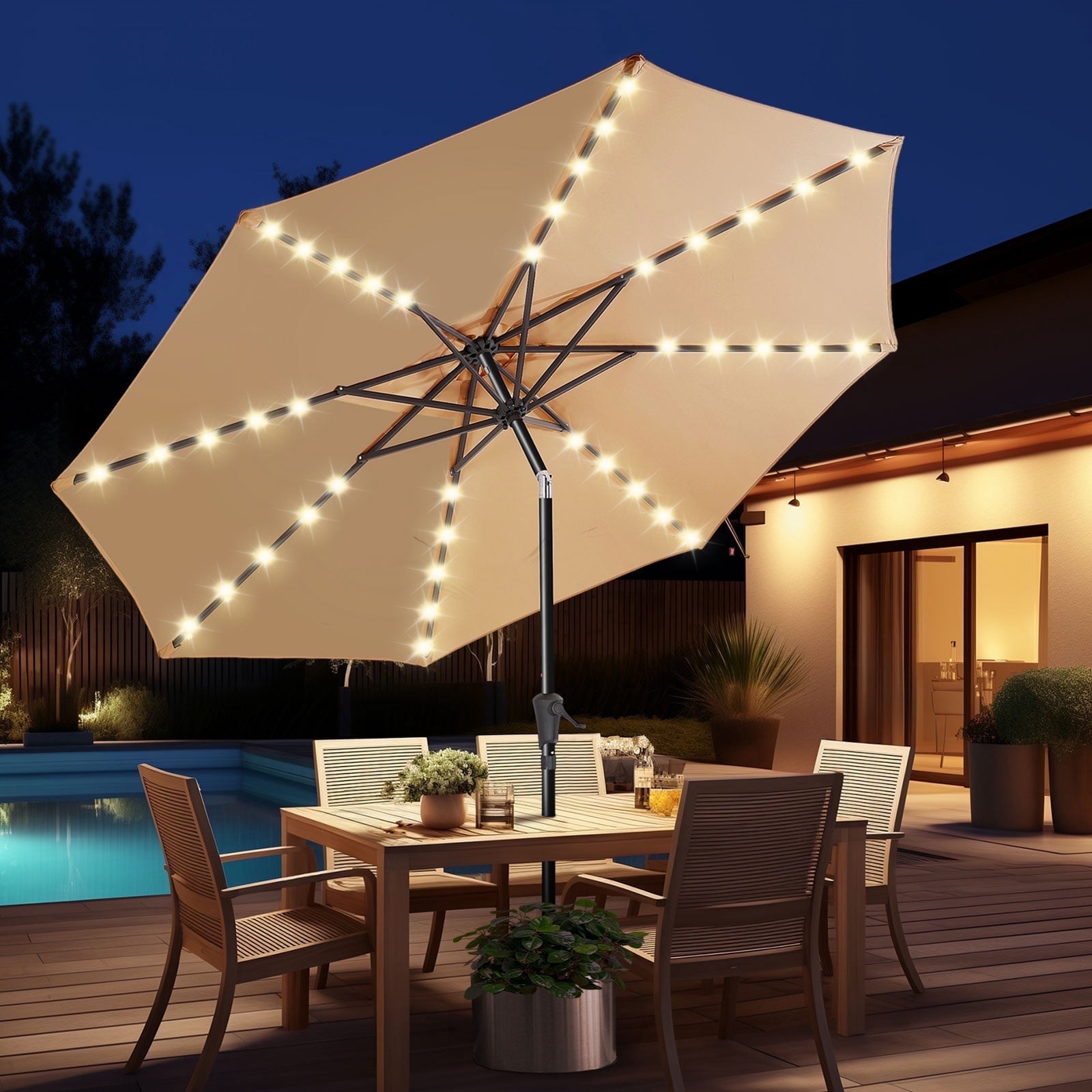 Patbrela 9ft Solar Powered LED Patio Umbrella with Tilt Adjustment and UV-Resistant Fabric (9 ft) 7n524
