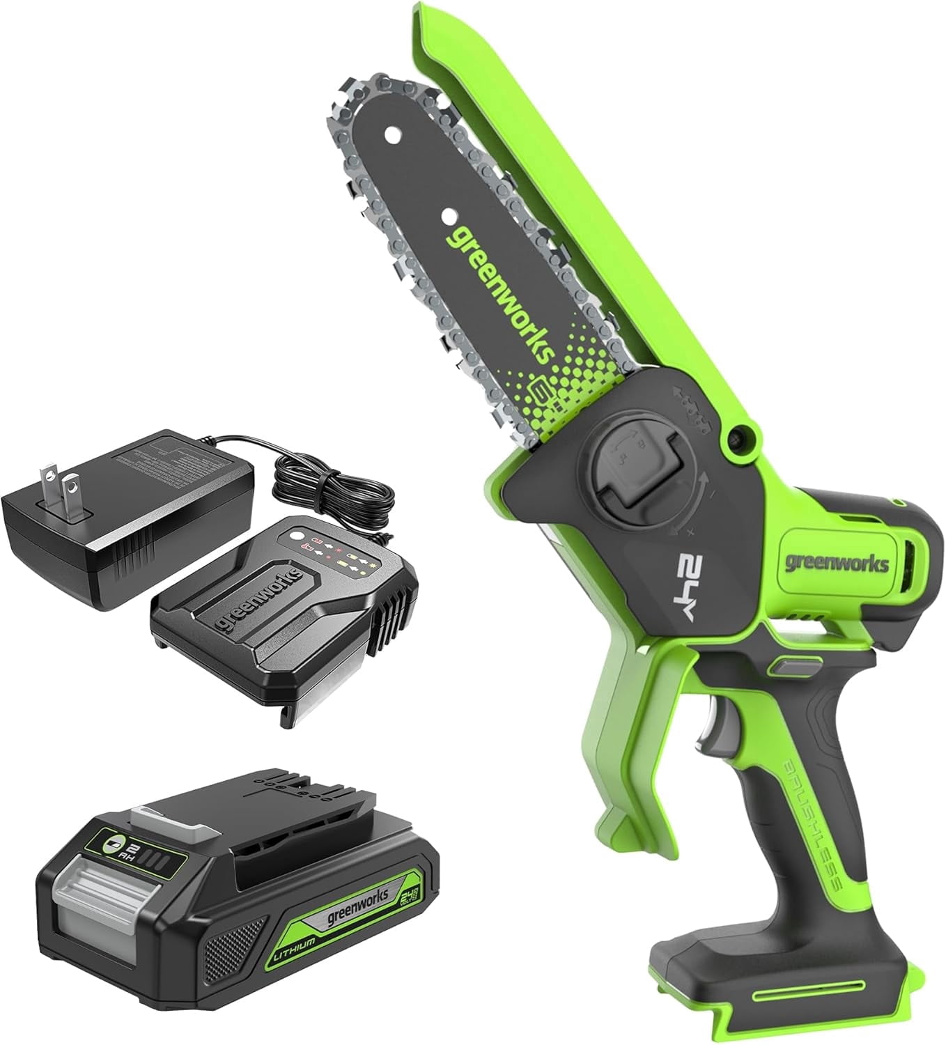 Greenworks 24V 6in Brushless Pruning Saw with Auto Oiler (Green, 2.0Ah Battery and Charger Kit) yeana